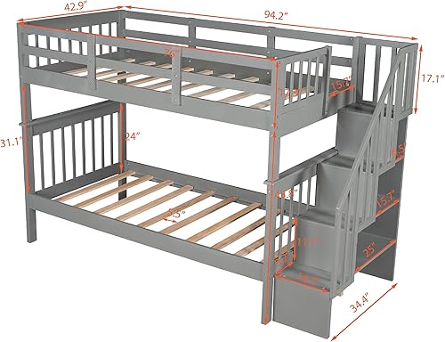 Miniatura 149 de Merax Litera de escalera individual sobre matrimonial con nido, escalera de almacenamiento y barandilla de longitud completa, litera de