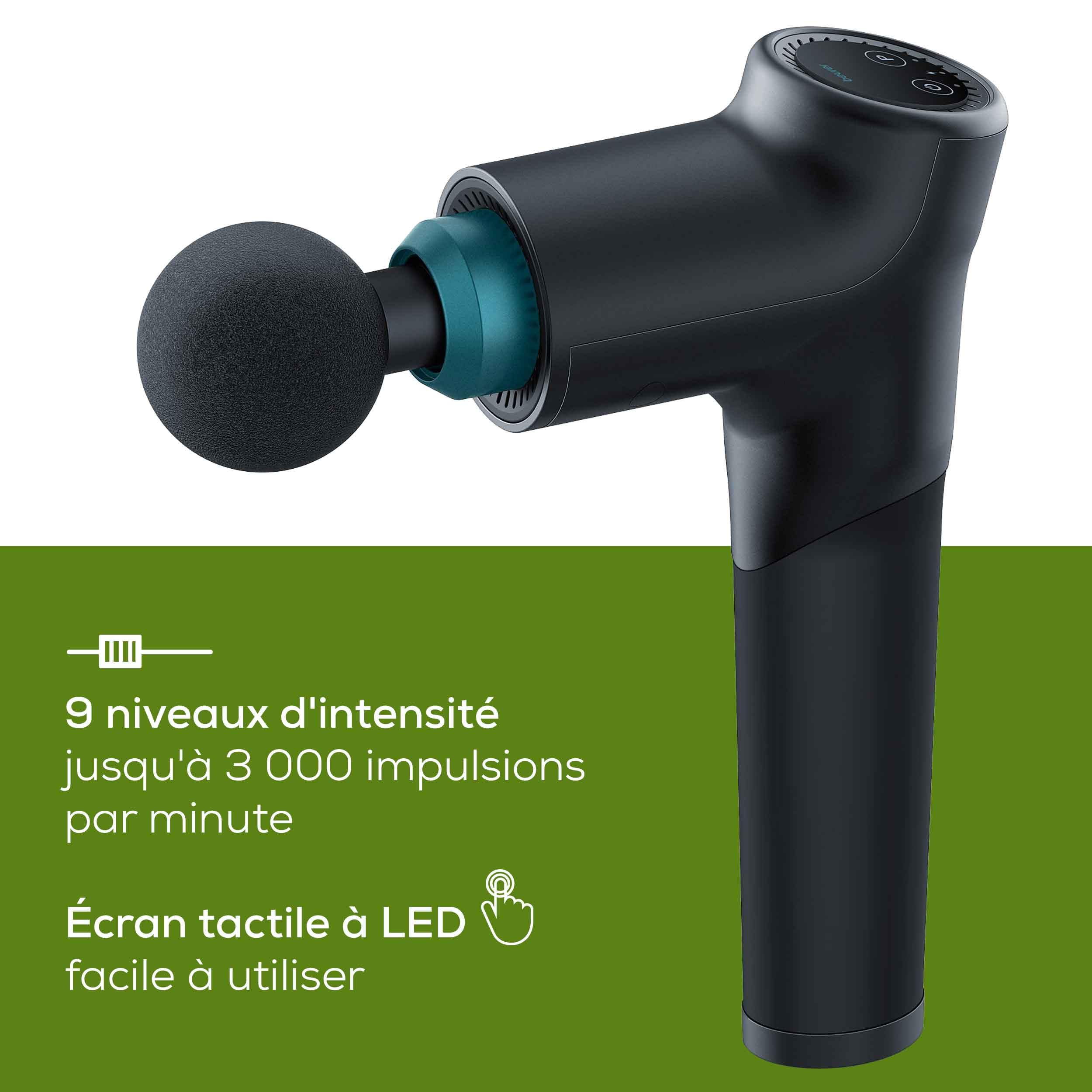 Beurer MG 185 Pistolet de massage avec 5 têtes de massages, massage des points gâchettes, relâchement des tensions, appareil de massage musculaire avec 9 niveaux d'intensité, avec accu