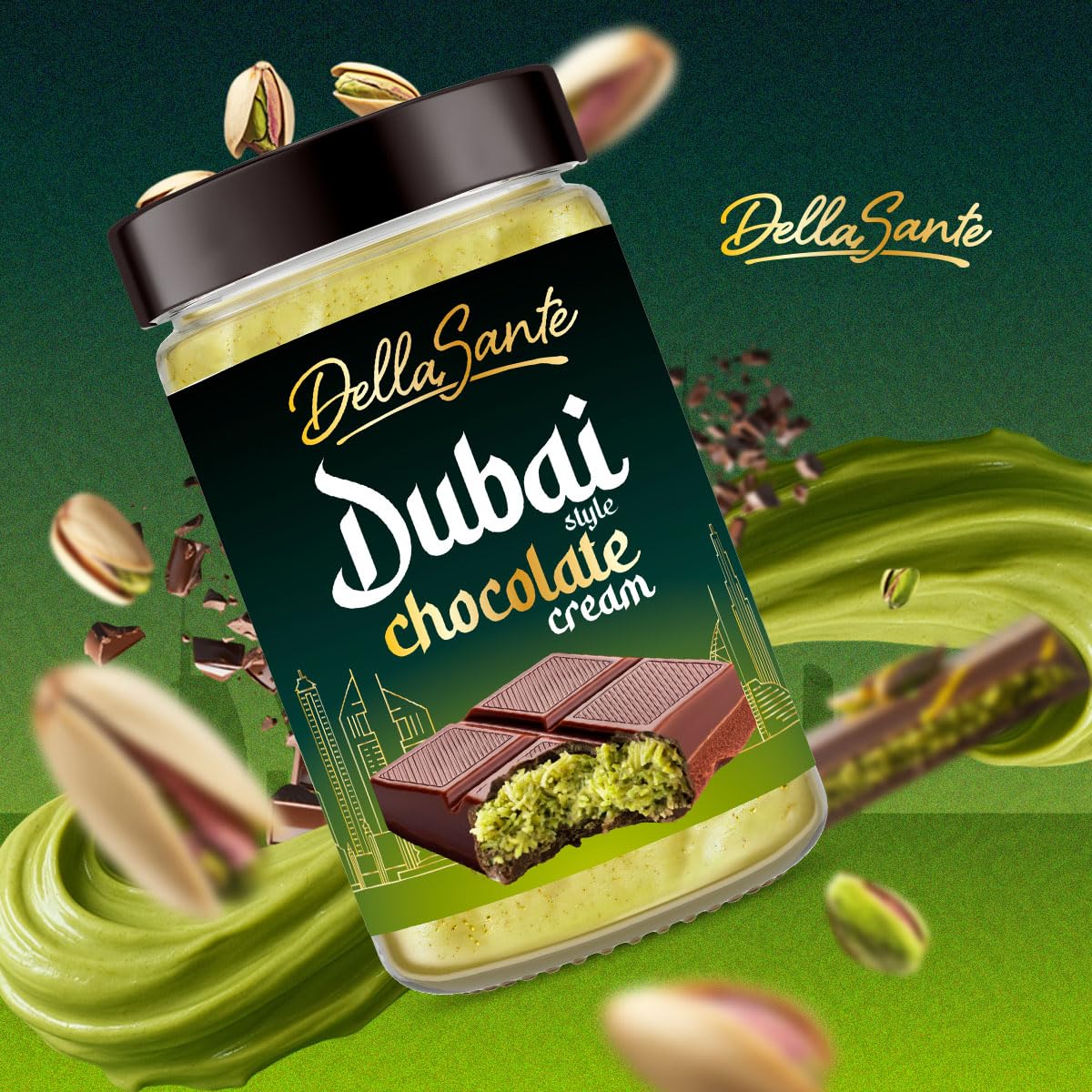 DellaSante – Krem pistacjowy Dubai Style 8x190g, z ciastkami Kadayif, słodka pasta do smarowania, kremowa pasta pistacjowa do deserów i ciast, słodki orientalny krem