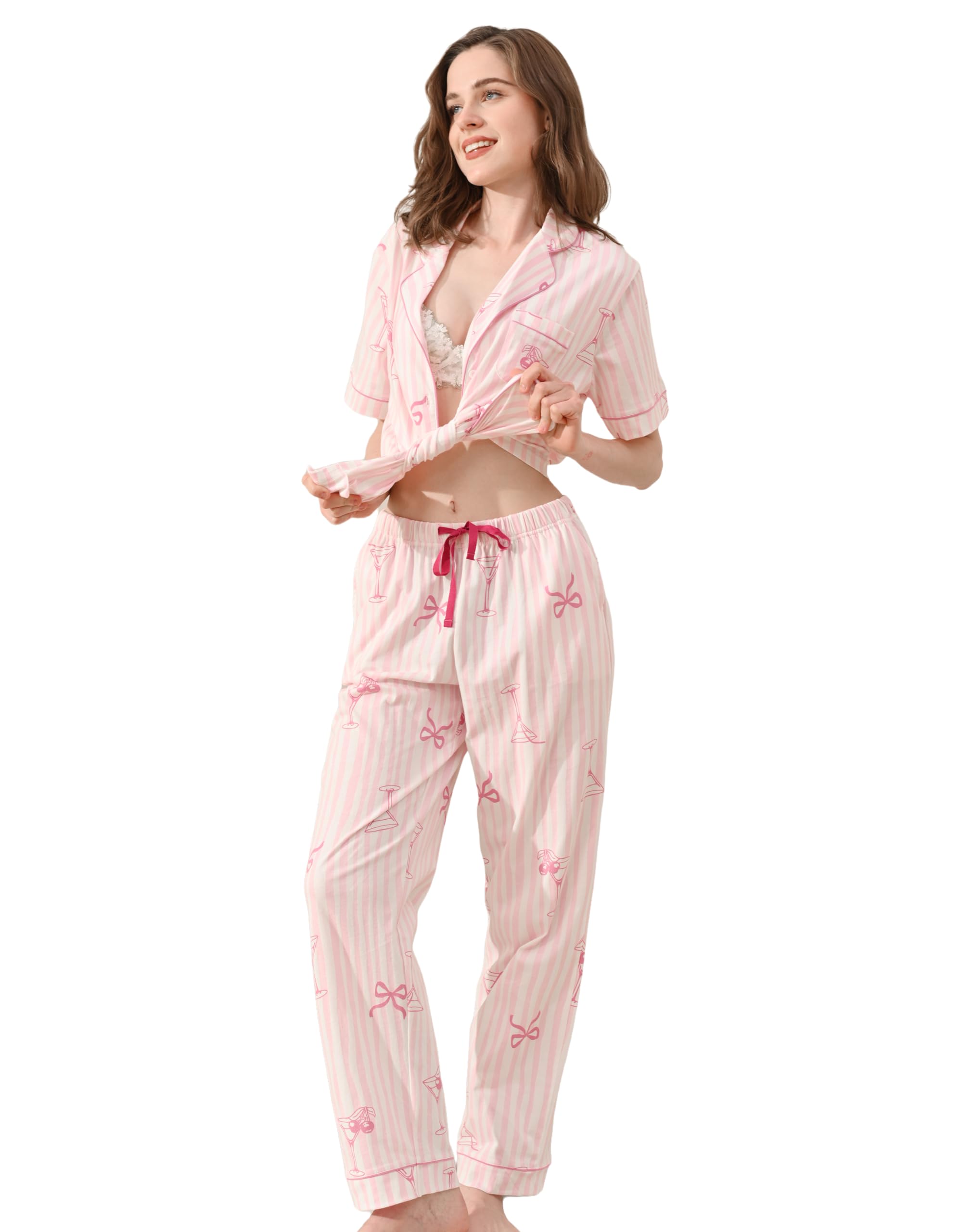 NAP BOUND 100% Cotton Women's Pajama Sets Short Sleeve Button Down Soft Pjs 2 Piece Lounge Set with Pocket Nightwear XS-XXL