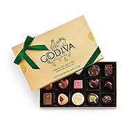 Vista 8 de Godiva Holiday Gold Surtido de chocolate en caja de regalo verde, chocolates belgas oscuros y con leche con pralinés, ganaches y caramelos, regalo