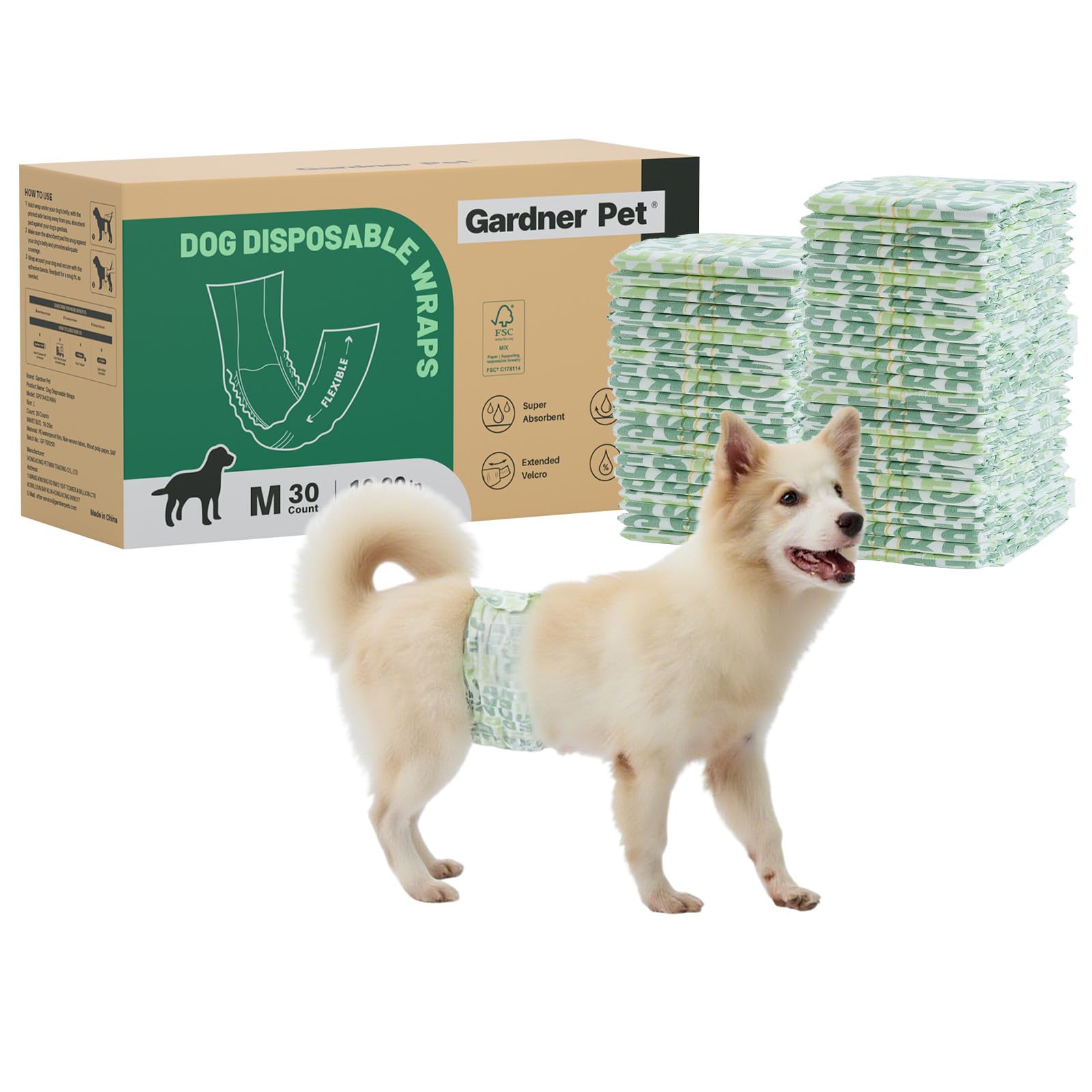 Gardner Pet Male Dog Nappies Wraps with Wetness Indicator, 30 Count, Super Absorbent Disposable Dog Nappies Male, 6 Layers of Leak-proof, Suitable for Puppy Training, Incontinence, Medium