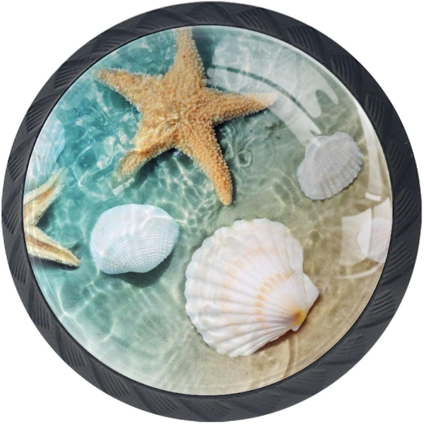 4 Pcs 35mm Beach Starfish Seashell Cabinet Knobs Round Crystal Glass Drawer Handles Pull with Screws for Home, Office, Kitchen, Bathroom Cabinet, Dresser and Cupboard (1-3/8 Inches)