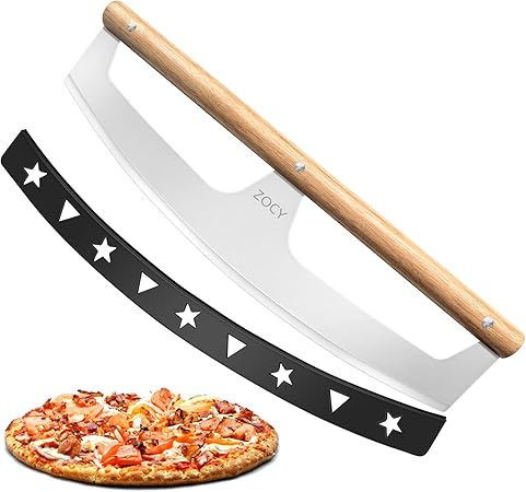 Pizza Cutter Rocker with Wooden Handles & Protective Cover by