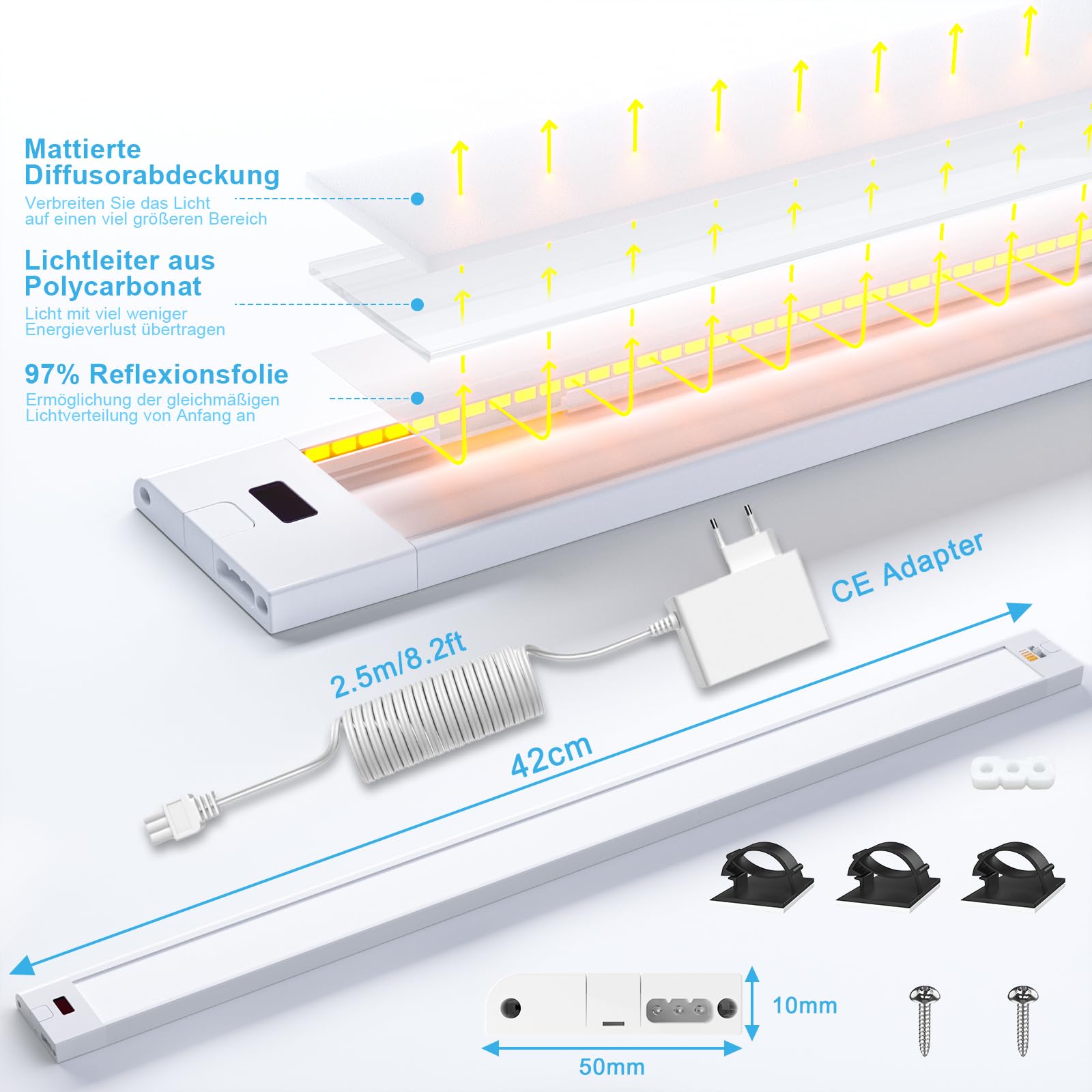 WOBANE 42 cm Luz Bajo Mueble Cocina Enchufable con Sensor Sin Contacto | Regulable, 5 Temperaturas de Color, para Interior, Armarios, Estantería, Escritorio, Encimera cocina, Lavanderías, 24V