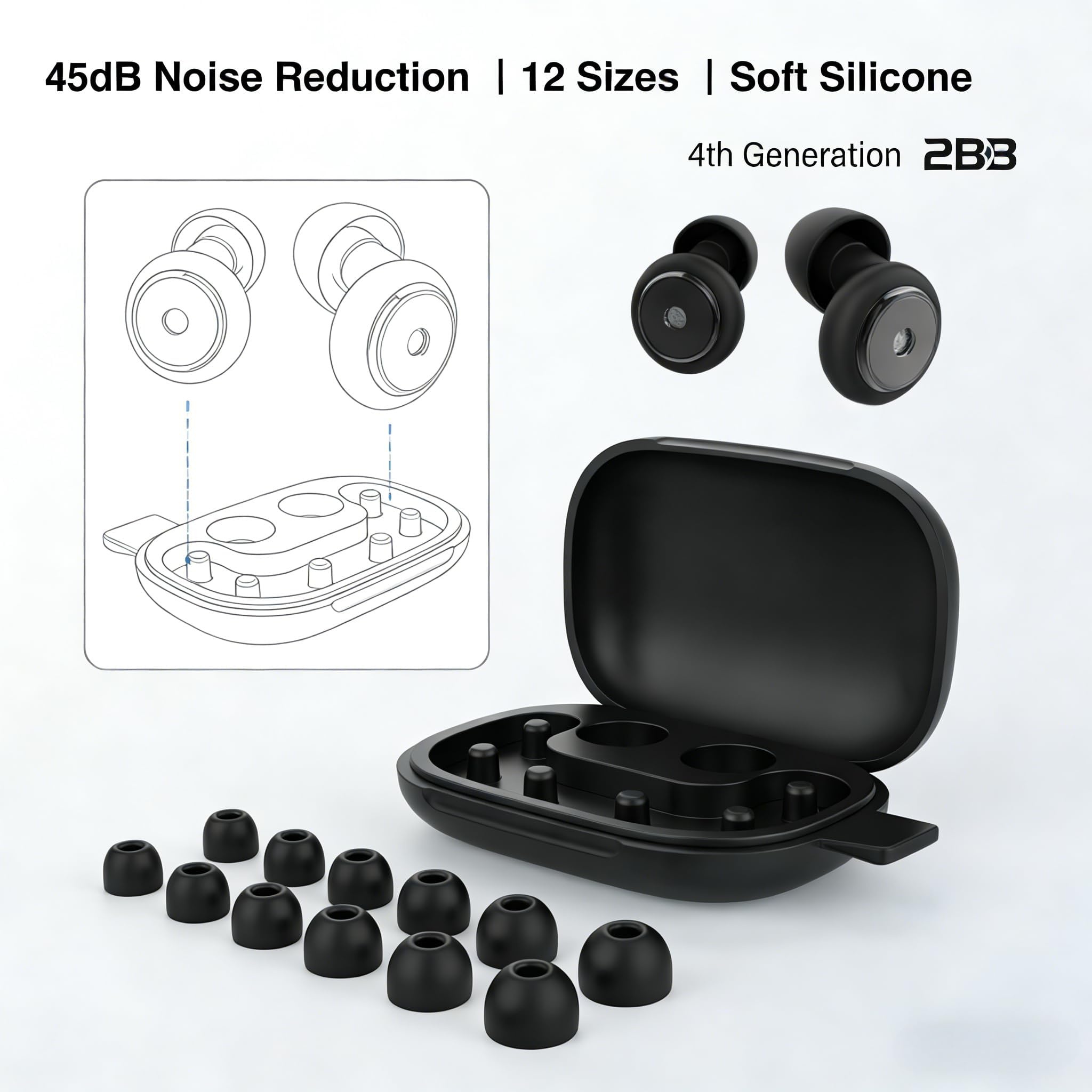 Tapones para los oídos para dormir de lado, reducción de ruido de 45 dB, cómodos tapones de silicona suave para ronquidos, viajes y ruido nocturno