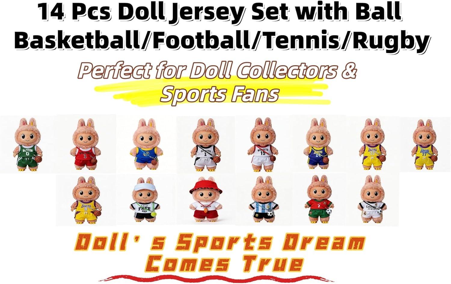 Sports-Themed Basketball Football 3-Piece Set Clothes for LABUBU 17cm Doll, Dolls Clothing Accessories ( No Dolls ) (NO.1 -Red)