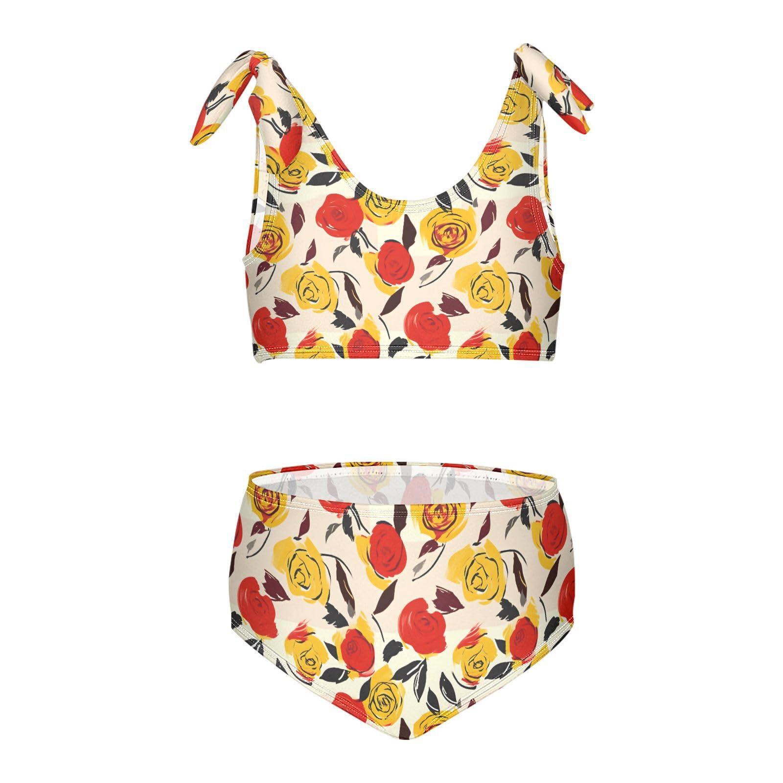 Yellow and Red Rose Girls Two Piece Tankini Swimsuits Summer Bathing Suit Beach Swimwear Set, 7-8T