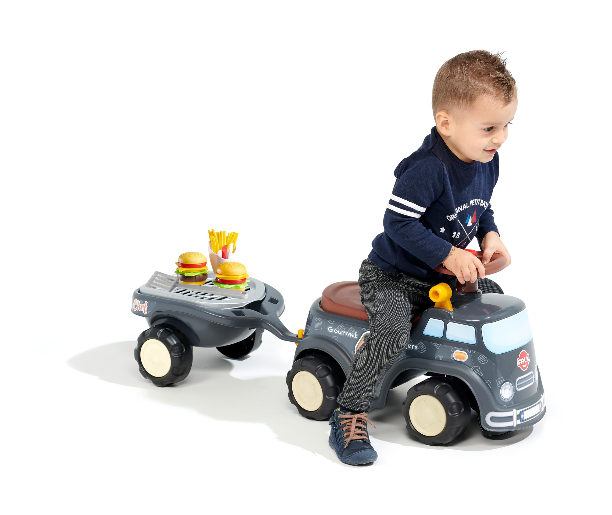 Falk – Portador Food Truck Gourmet Burger – A Partir de 12 Meses – Gris – Volante direccional con bocina – Palanca de Efecto sonoro – Baúl de Almacenamiento – Remolque BBQ & Accesorios – 707C
