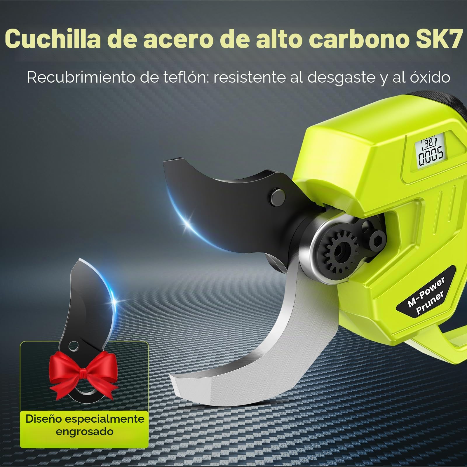 Tijeras de Podar Electricas, 60mm Tijeras de Podar Bateria 4000 mAh, 1200W Motor sin Escobillas, Hoja SK7, 4 Tamaños de Apertura 35-70mm, Profesional Tijeras de Podar para Huertos, Jardines, Granjas