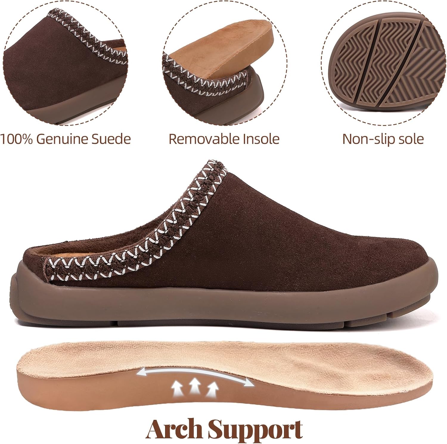 UBFEN Womens Slippers Arch Support 100% Genuine Suede Leather Comfortable Outdoor Indoor Slip On Mules