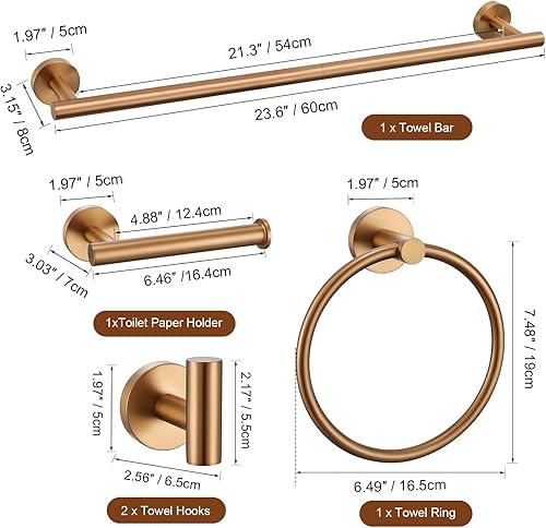 Miniatura 7 de TURS Juego de 5 piezas de accesorios de baño de oro rosa cepillado, juego de toallas de baño de acero inoxidable SUS304 de 23.6 pulgadas, kit de