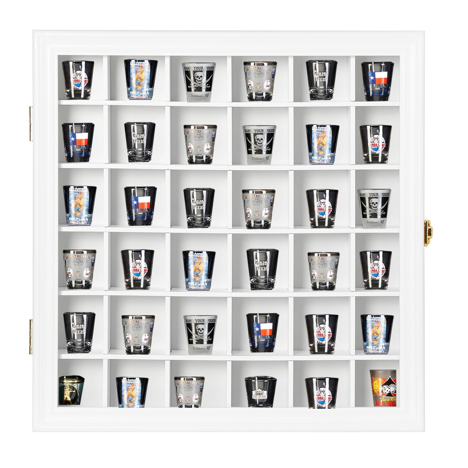 Shot Glass Display Case Wooden Cabinet Rack Holder Wall Mounted White Shadow Box Lockable with UV Protection Acrylic Glass Door Shot Glass Storage Display with Removable Shelves, 16.5"x16.2", 36 Slots
