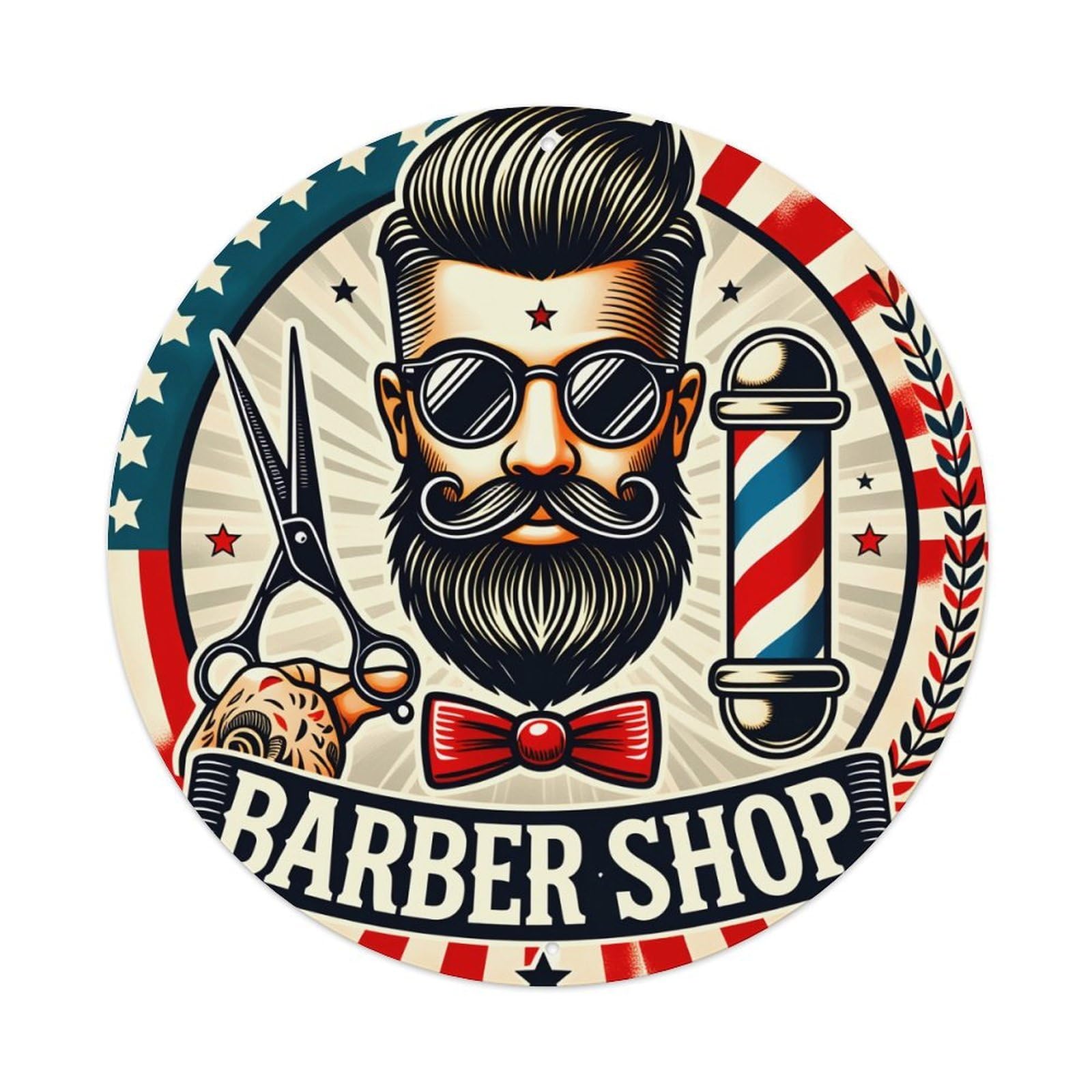 Barber Shop Man With Beard And Sunglasses Scissors And Pole