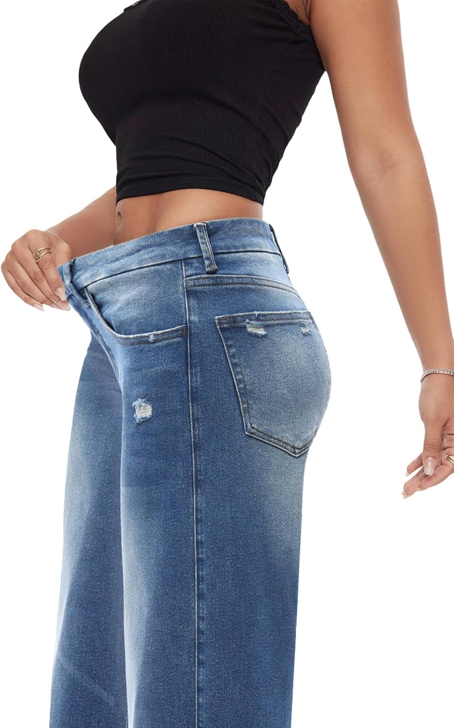 ONESO Mid-Low Rise Baggy Jeans Wide Leg for Women Distressed Pants Stretchy Bottom Lady Basic Comfortable Denim