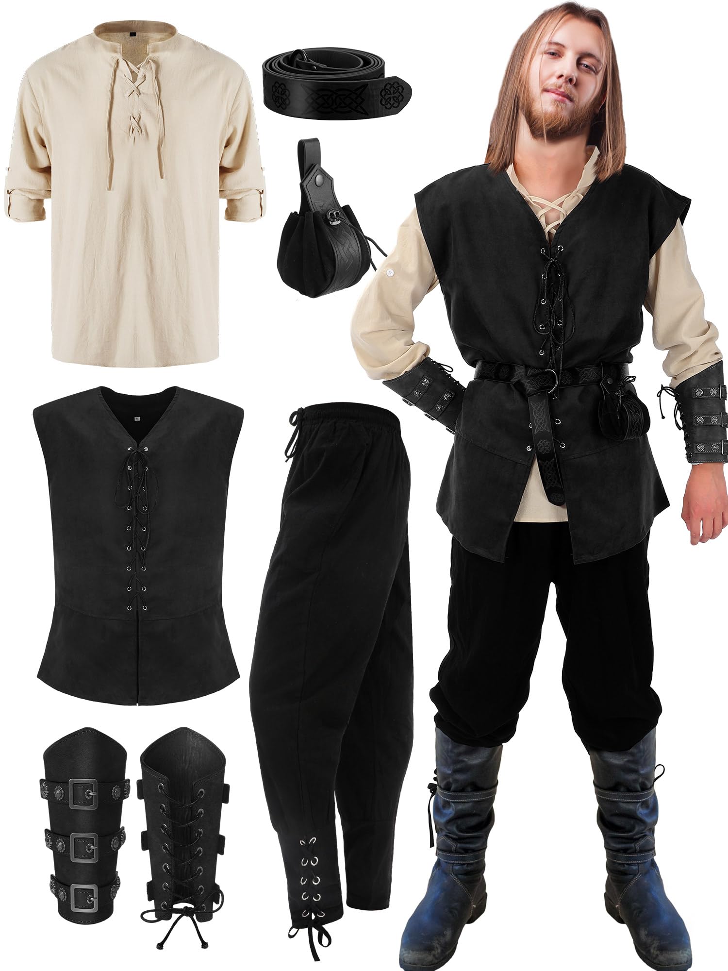 Suhine 6 Pcs Men's Halloween Renaissance Costume Set Medieval Vest Shirt Ankle Banded Pants Viking Belt Armband Pouch