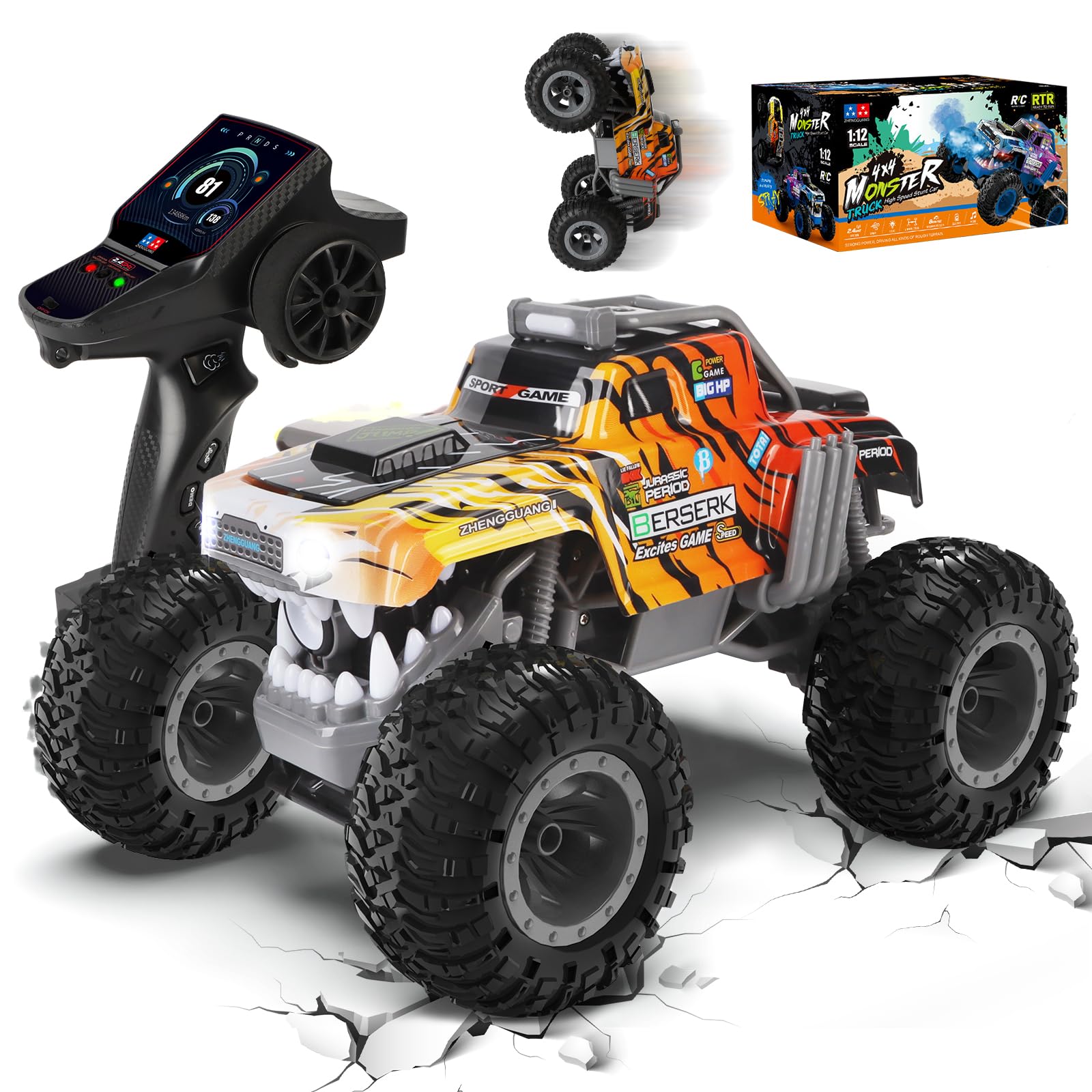 Charmofun Monster Truck Telecommande 1:12, 360° Rotation Dinosaure Voiture Télécommandée Tout Terrain, 2,4GHz RC Monster Truck avec Brume de Pulvérisation, Musique et Lumières LED pour Enfants