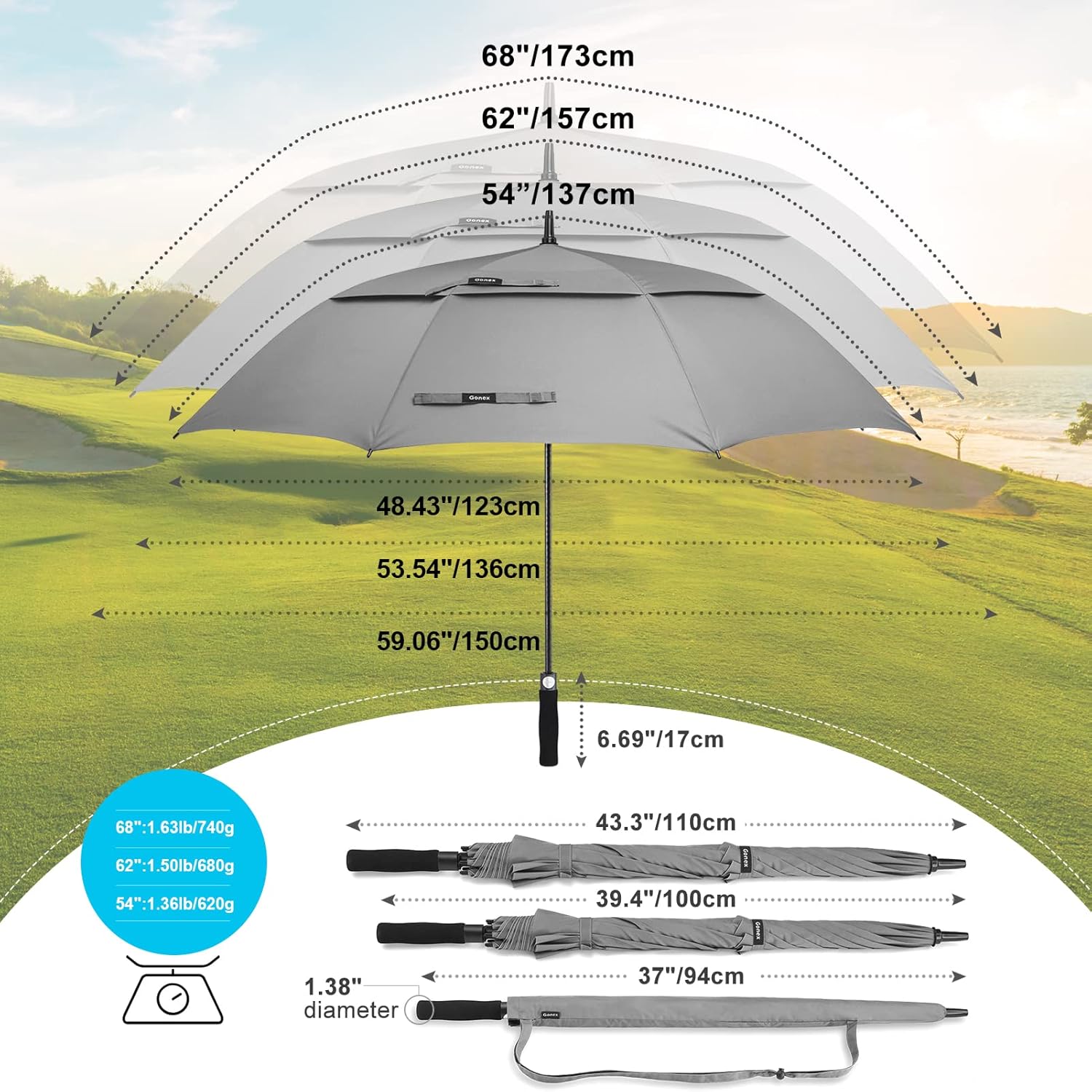 Gonex 54/62/68/72/80 Inch Extra Large Golf Umbrella, Automatic Open Travel Rain Umbrella with Windproof Water Resistant Double Canopy, Oversize Vented Umbrellas for 2-3 Men and UV Protection, Multiple Colors - Image 6