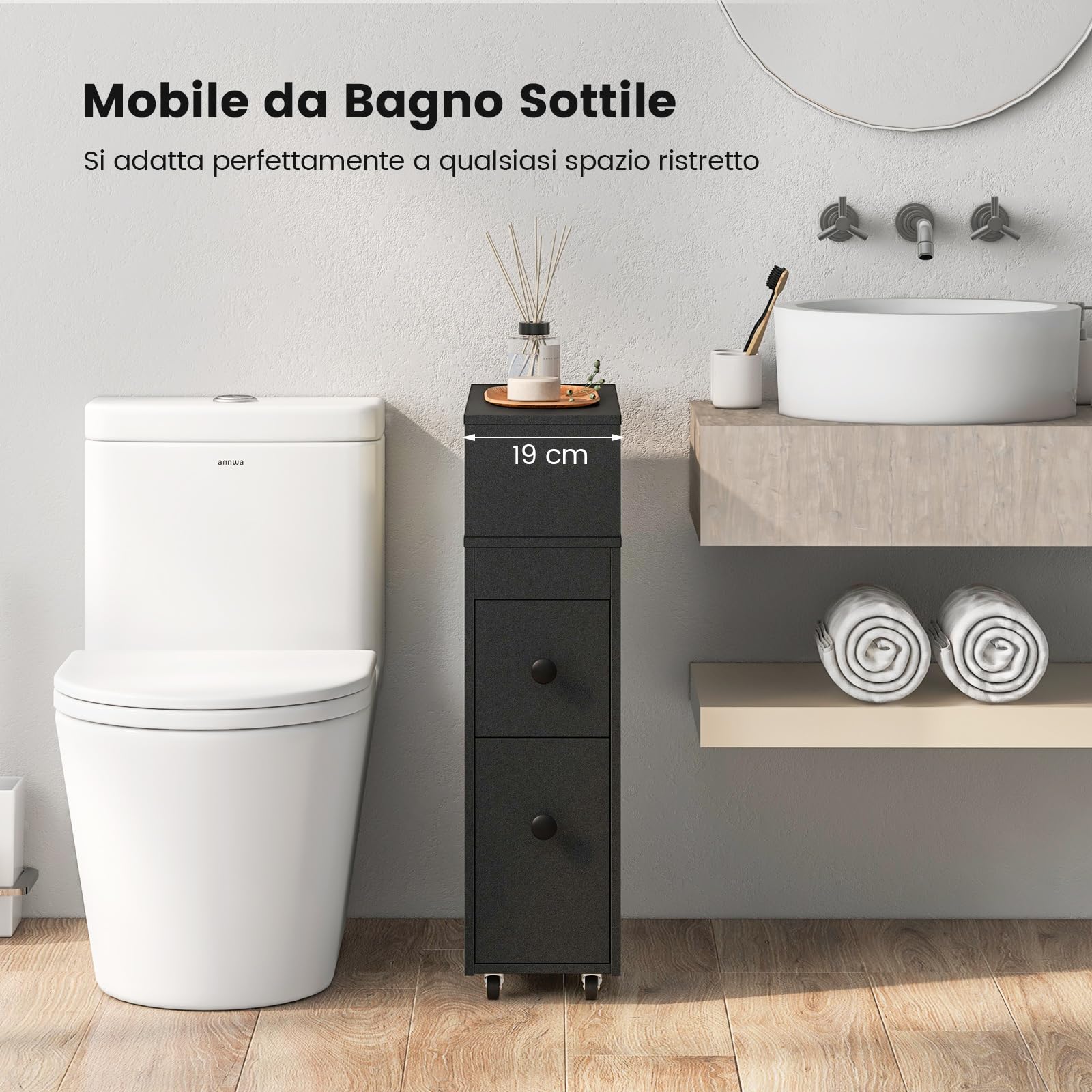 COSTWAY Mobile Bagno 50 x 19 x 72 cm, Arredo Salvaspazio con 2 Cassetti, 2 Cesti in Rattan, Ruote e Ripiani, Armadietto Stretto per Spazi Ridotti, Salotto e Cucina (Nero)