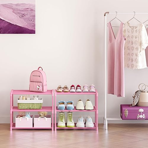 Miniatura 2 de Zapatero rosa de 3 niveles para armario de mujeresniñasniños, pequeño almacenamiento de zapatos para 5-7 pares, organizador de zapatos ligero