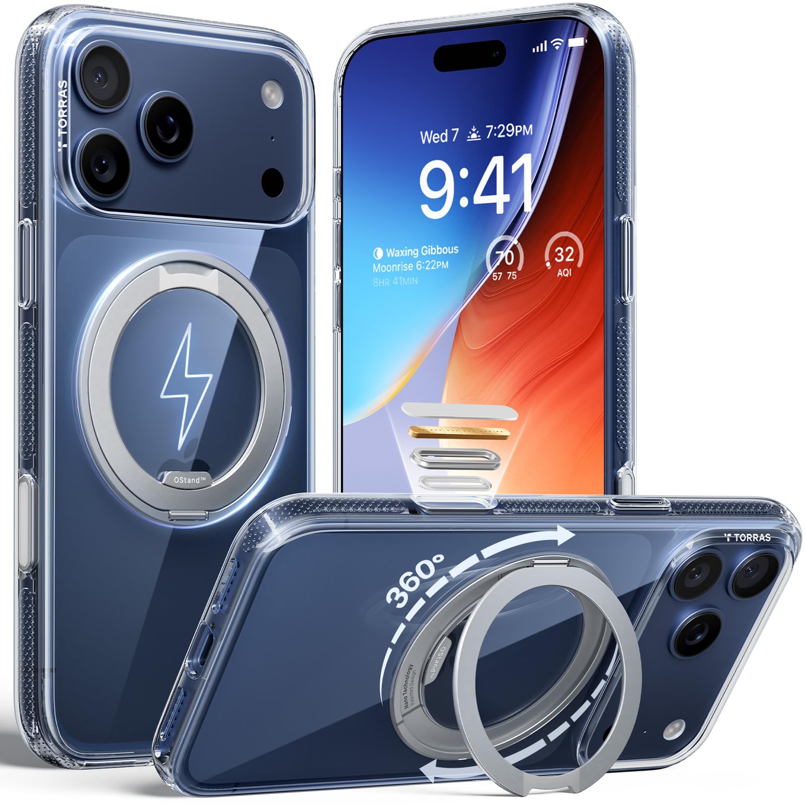 TORRAS 360° Ostand O3 Fitness für iPhone 17 Pro Hülle - Flexibler Magnetischer Ständer, Militärischer Schutz, Kompatibel mit MagSafe Hülle iPhone 17 Pro Case Dünne Stoßfest Kratzfest Transparent