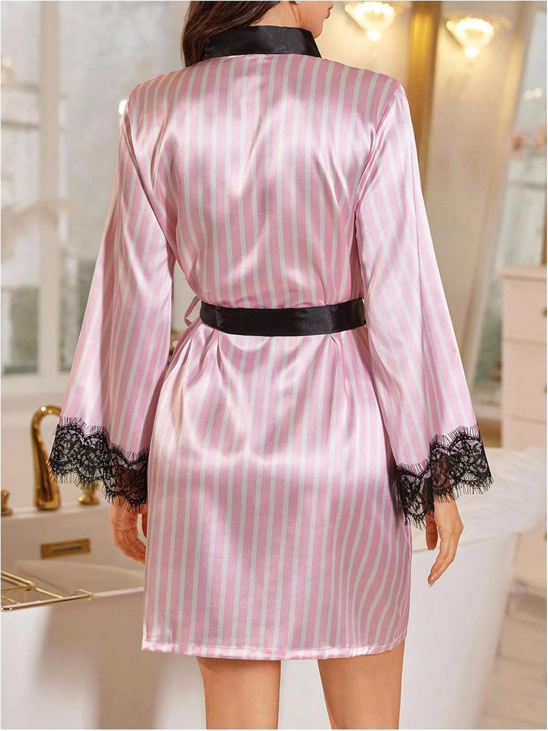 SOLY HUX Women's Striped Silk Robe Satin Lace Bathrobe Kimono Bridesmaid Bride Wedding Party Robes Sleepwear with Belted - Image 2