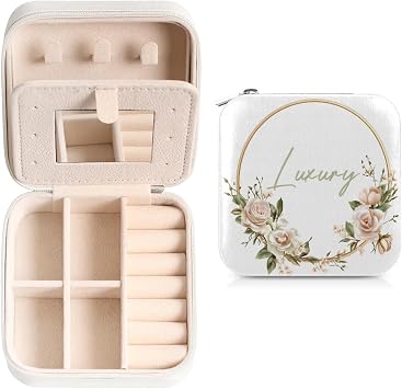 Custom Name Travel Jewelry-Case for Bridesmaid,Personalized Leather Jewelry-Box with Mirror,Ring-Organizer,Souvenir Gifts Wedding White Pink Rose