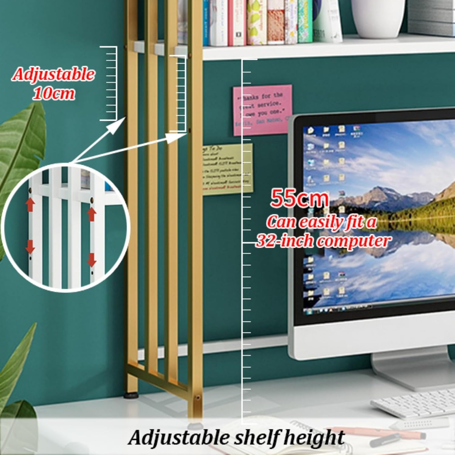 3段調節可能デスクトップハッチ本棚 大容量収納ラック コンピューターデスク用 錬鉄製ディスプレイ棚 オフィス用 (幅 36*奥行 2