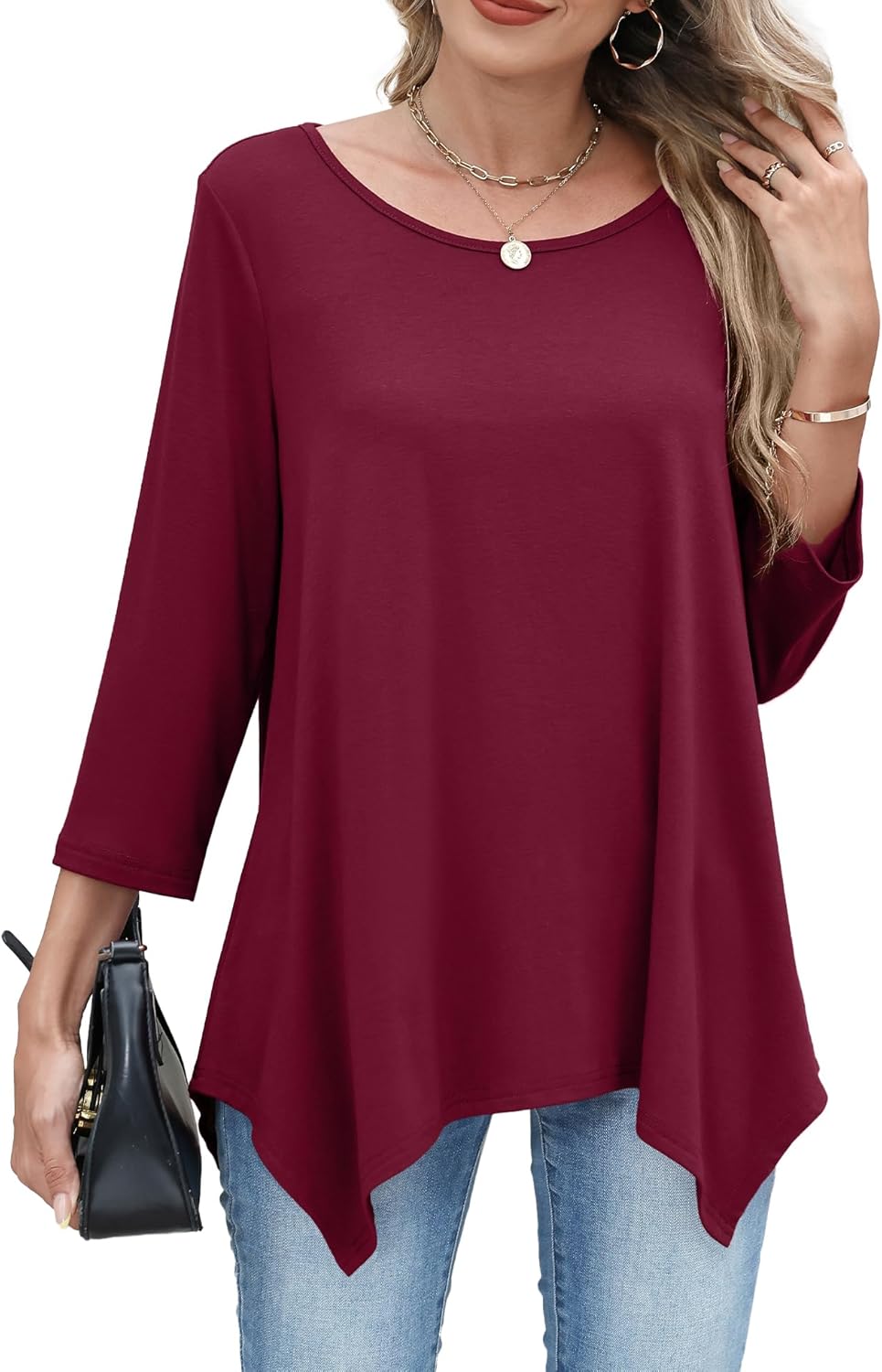 AKEWEI 3/4 Length Sleeve Womens Tunic Tops Loose Fit Blouses Dressy Casual Crew Neck Tees S-3XL - Image 4