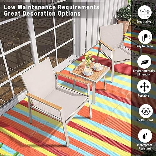 Miniatura 3 de HUGEAR Alfombra impermeable de plástico para exteriores, 5 x 8 pies, lavable, reversible, alfombra a rayas de arco iris, para camping, caravana