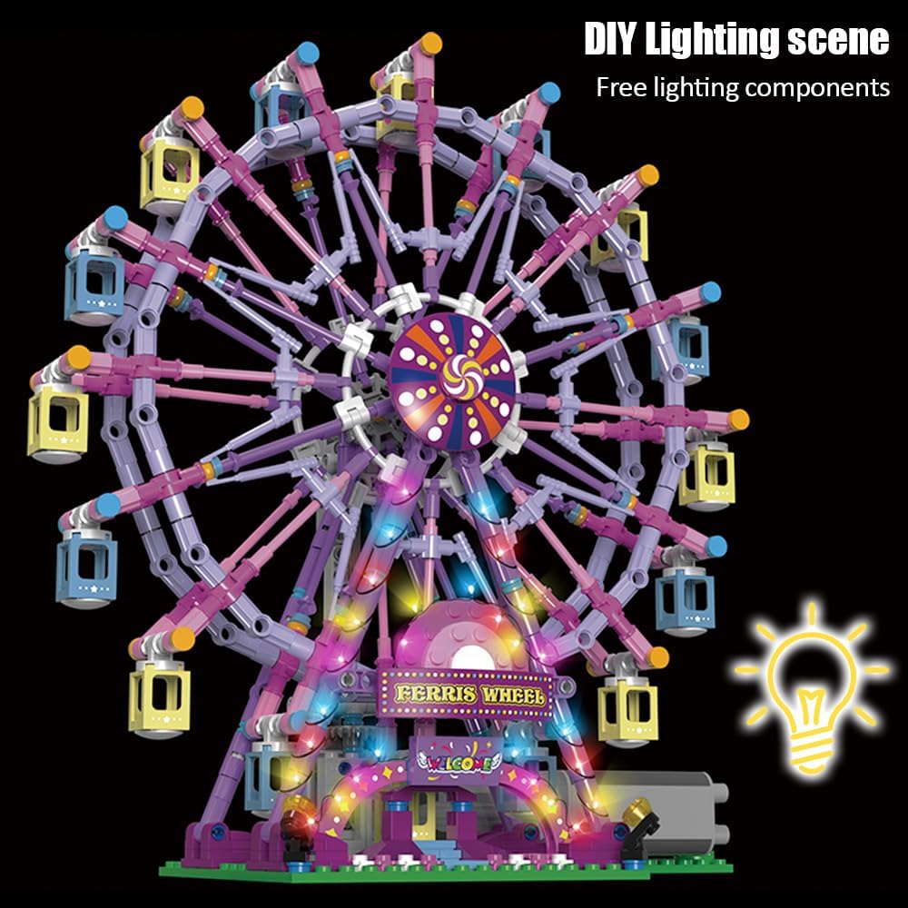 NEWRICE Rotating Ferris Wheel Building Blocks Kit,with Lights Amusement Park Building Construction Toys Set for 6+ Year Boys.Girls.Adult(870 Pieces) Pink