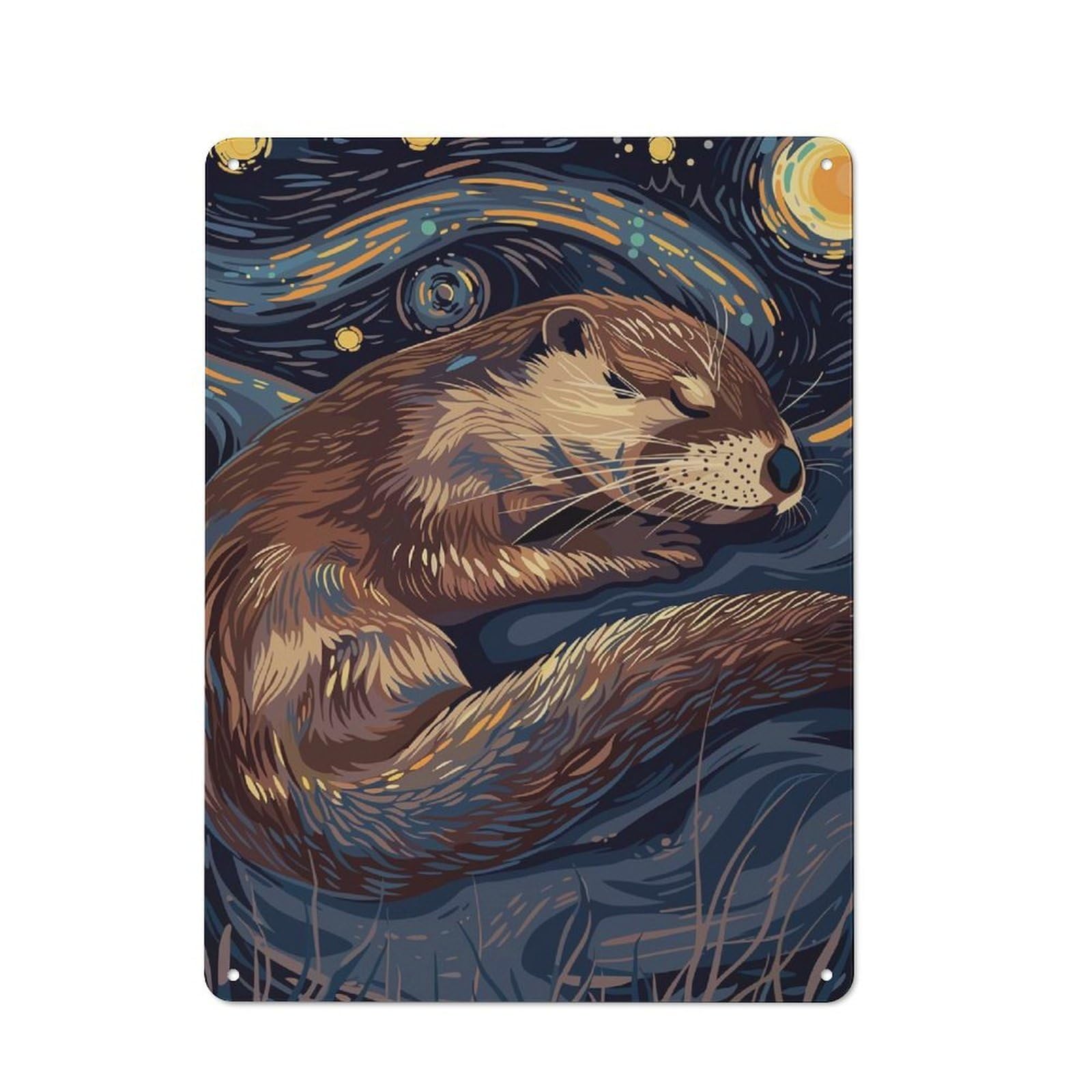 Junmoney Sleeping Otter In Starry Night Style Industrial-Style Metal Plaque 40X30cm For Hallway Wall, A Winter Wall Decor Update For Hallway Decor Lovers