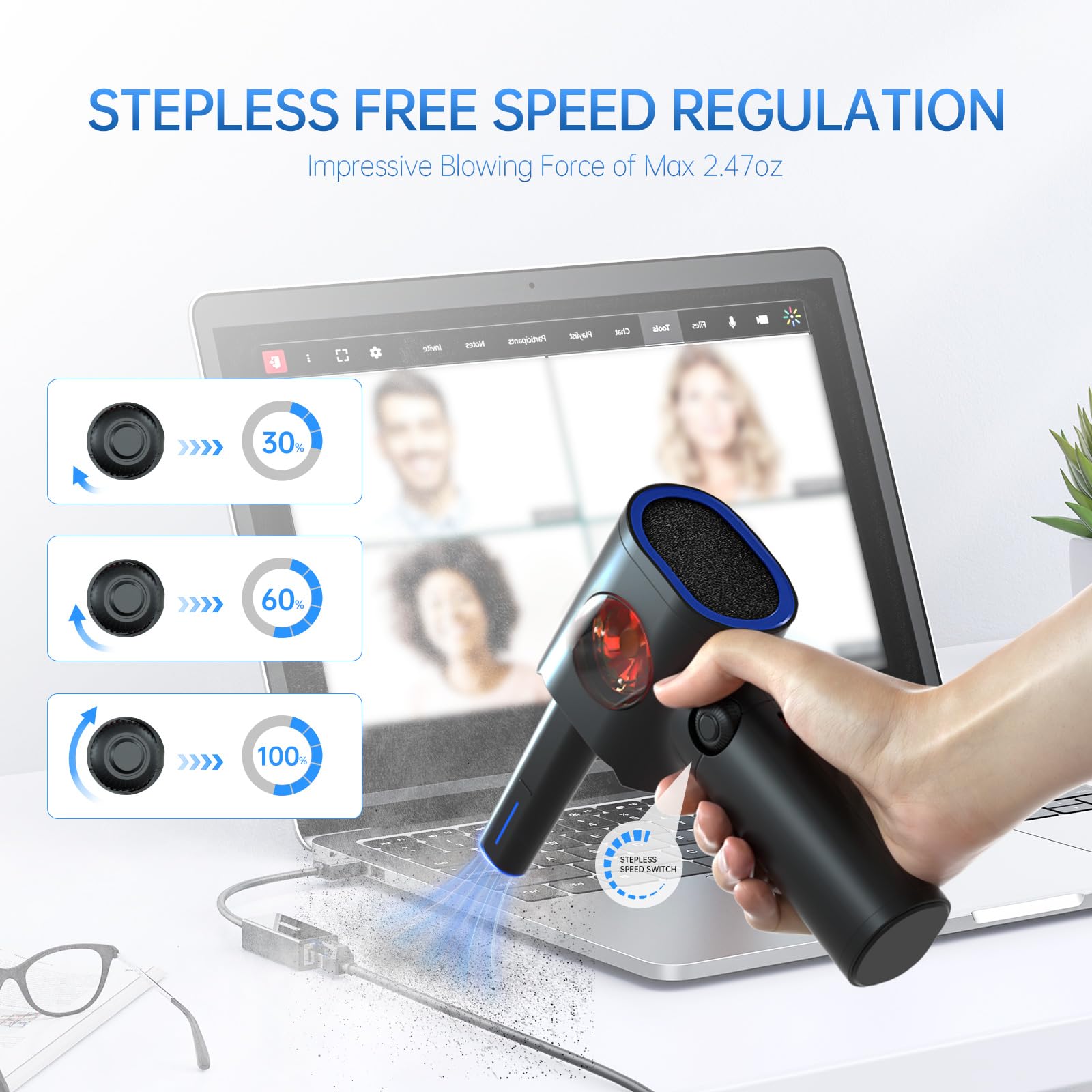 ATEngeus Soplador de Polvo Eléctrico, Eléctrico Aire Comprimido de velocidad continua con Caja de almacenaje, Aire Comprimido Limpieza con LED, soplador de aire de para coche, PC, hogar | 6 accesorios para reemplazar el aire de lata, limpiador de teclado