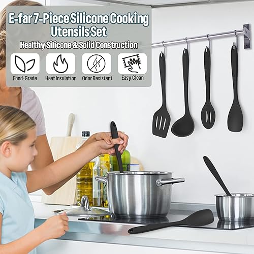 Miniatura 7 de E-far - Juego de utensilios de cocina de silicona, 7 piezas en color negro, utensilios de cocina resistentes al calor, utensilios de cocina