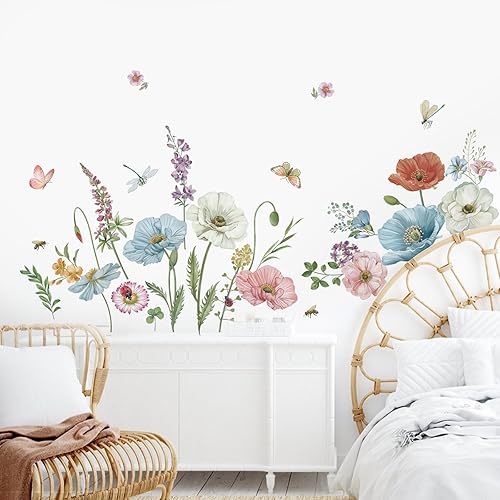 Miniatura 3 de wondever Calcomanías de pared florales de amapola de acuarela flores de jardín mariposa despegar y pegar calcomanías de arte de pared para