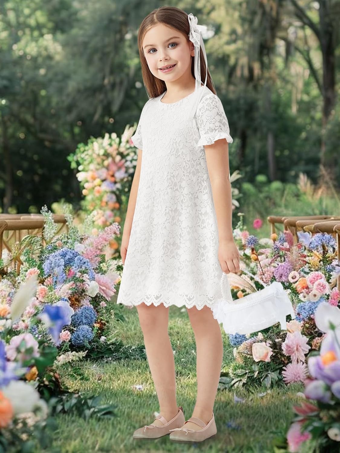 ALLOVIN Girls & Toddlers Spring Easter Soft Lace A-Line Short Sleeve Party Dress Flower Girl Dress for Wedding Communion 4-9Y