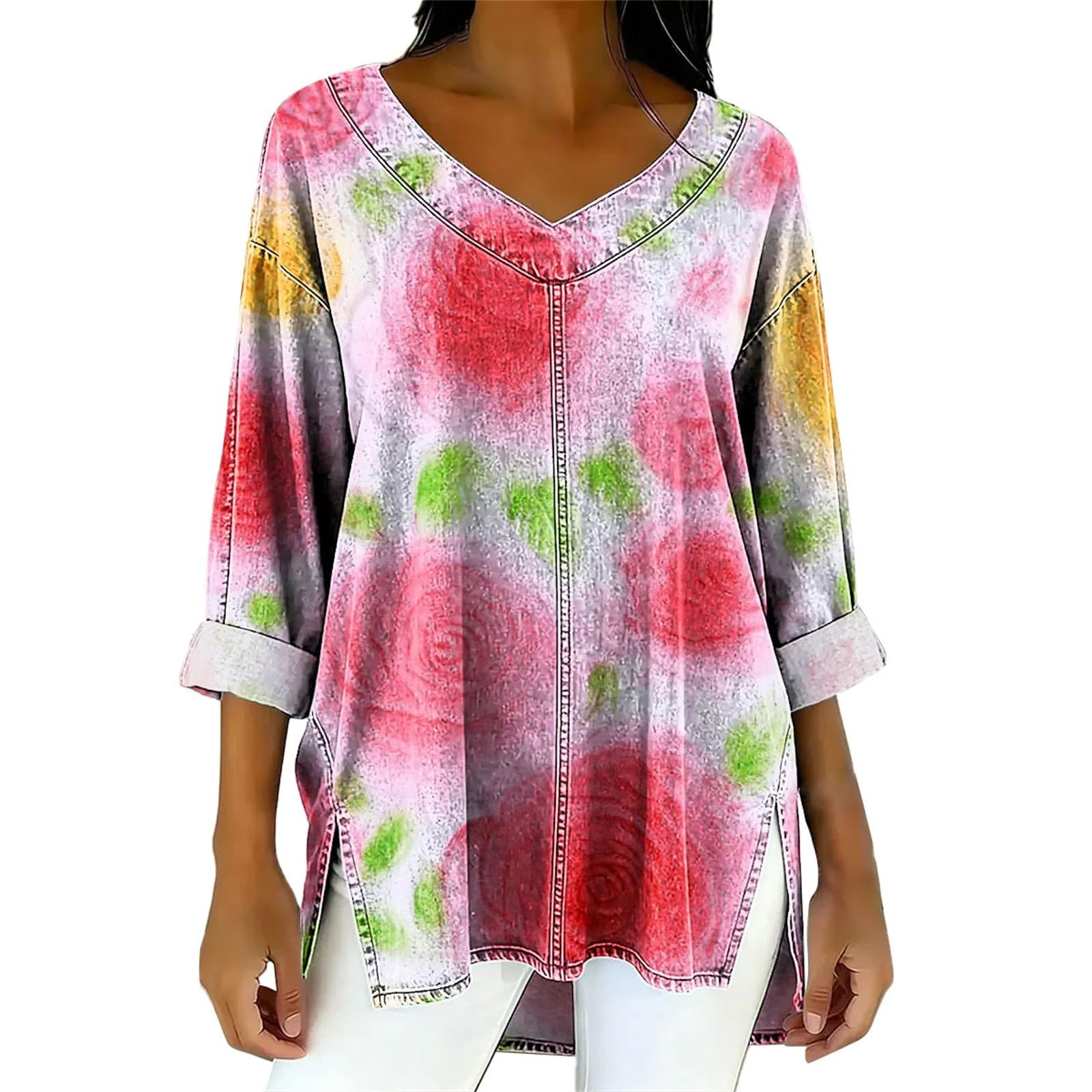 Oversize T Shirt à Manche Longue Femme Col Rond Surdimensionné Pull Tee Shirt Long Tunique