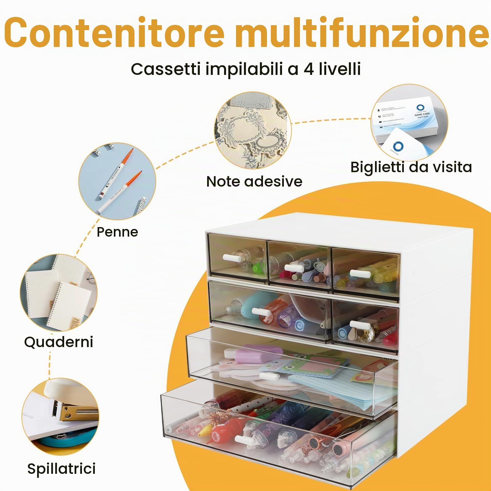 Organizer da scrivania a 4 ripiani con 7 cassetti, impilabile da scrivania con 20 imbottiture antiscivolo, organizer per trucchi per cancelleria e conservazione a casa