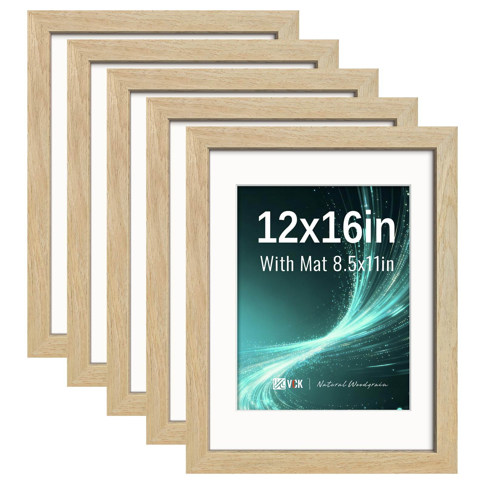 VCK 12x16 Picture Frame 5 Pack, Natural Exclusive Wood, HD Glass, for Print