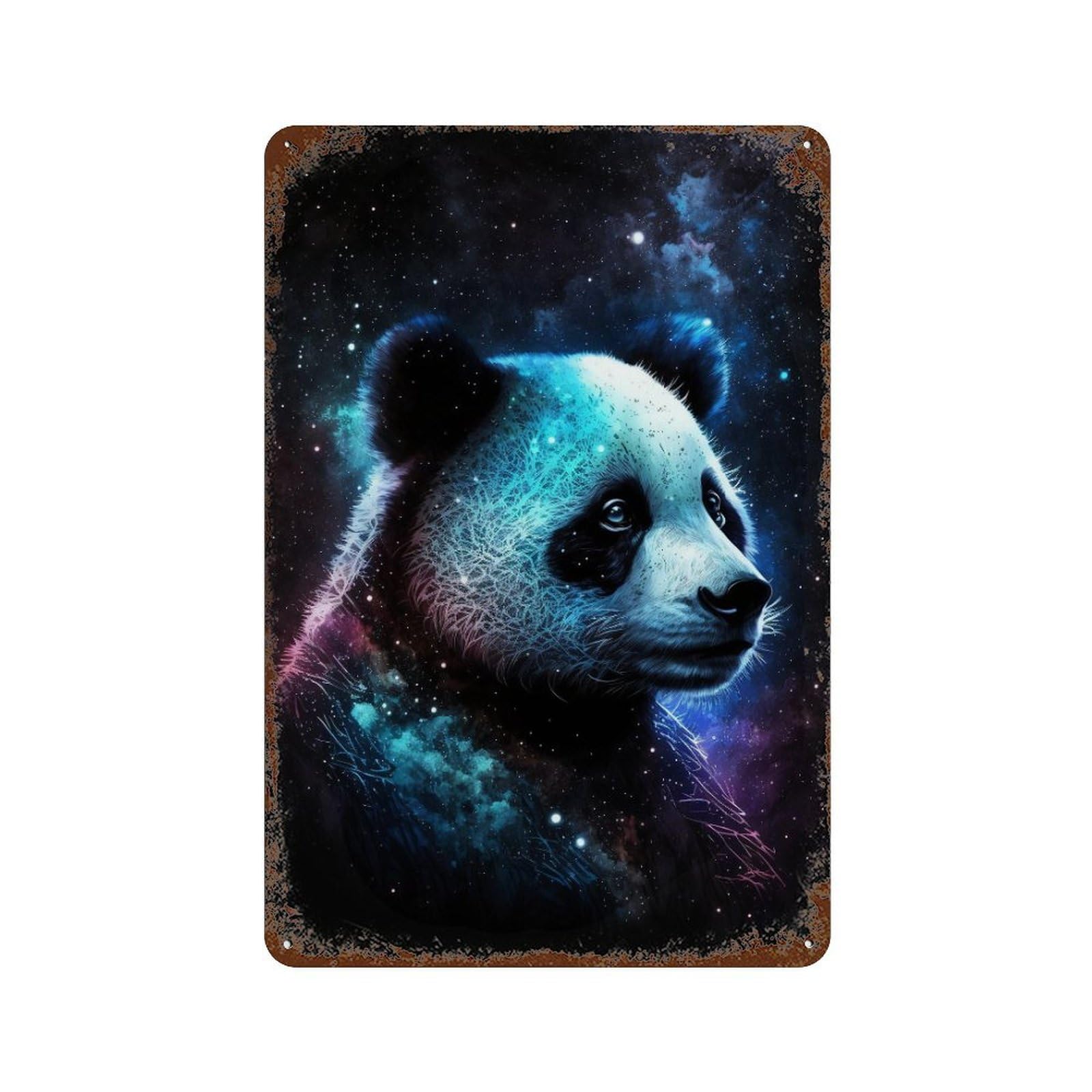 Aged Metal Wall Plaque with Cosmic Panda Portrait-5 Design 11.8"x7.9", for Shed, Workshop And Garage Wall Decor, Decorative Metal Wall Art
