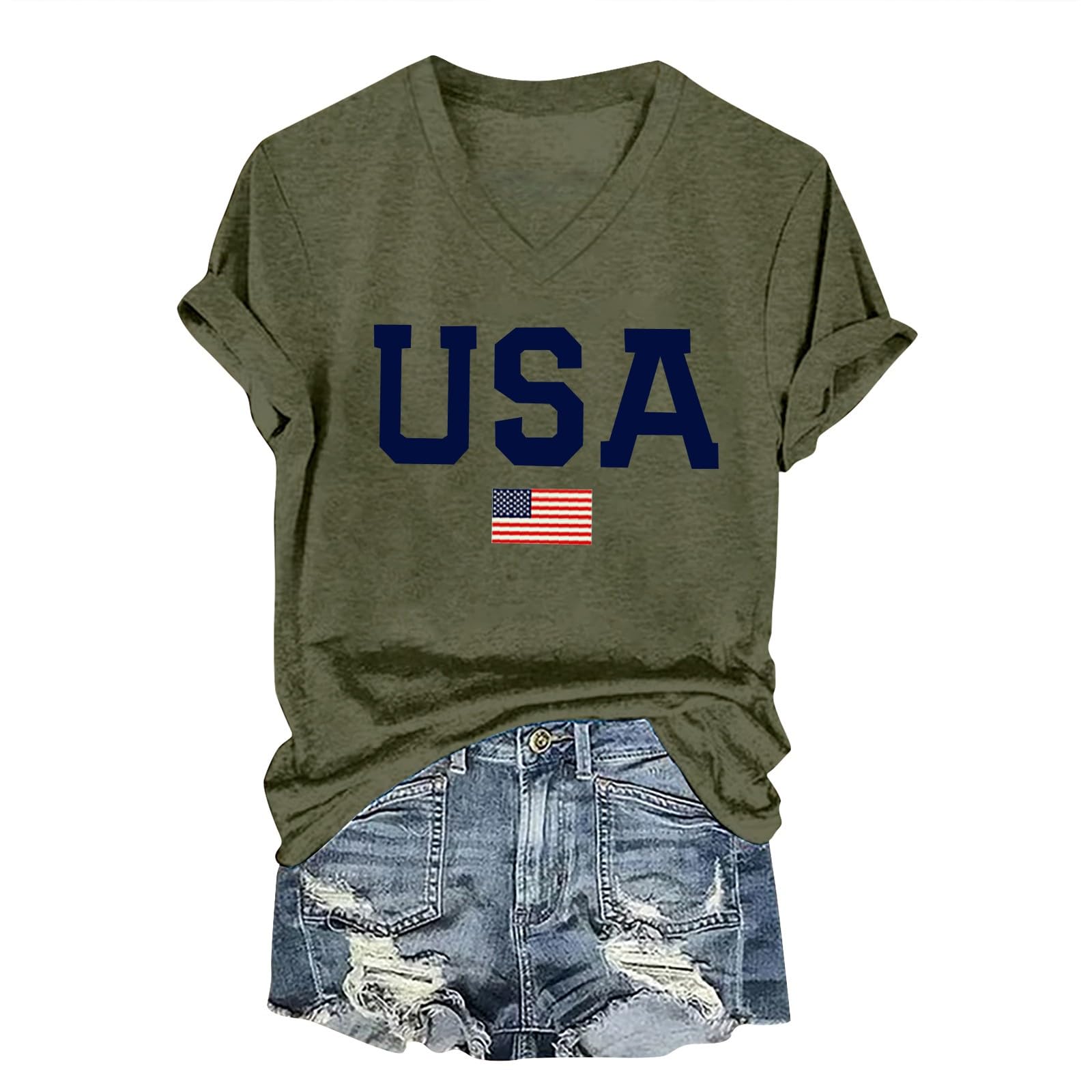 American Flag T Shirt Women USA Star Stripes Fourth July Tee Shirts Casual Short Sleeve America Flag Print V Neck Tee Tops Plus Size(Mint Green,S)