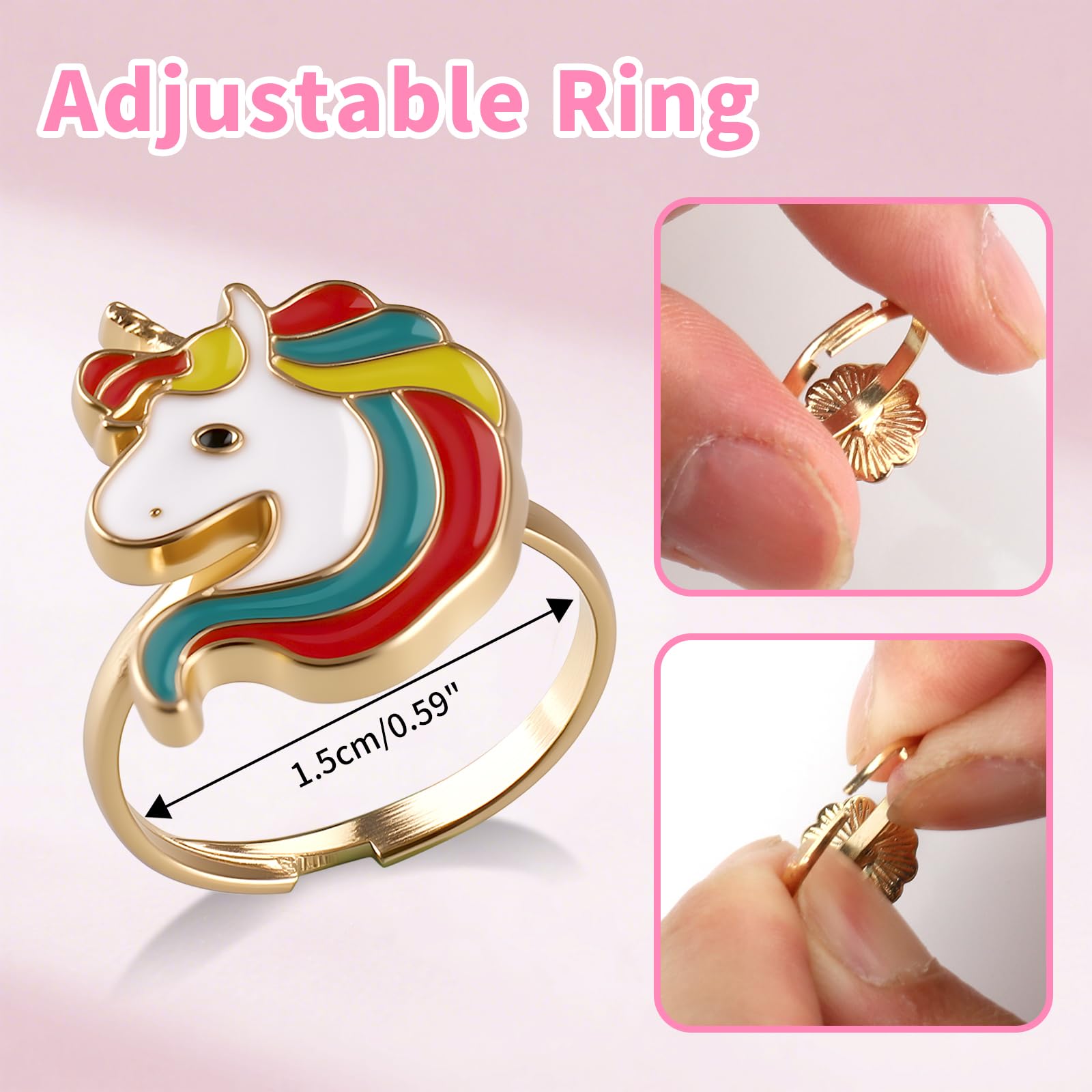 Foydream Pack of 36 Adjustable Children's Rings for Girls, Pink Unicorn, Heart Shape Display Case, Perfect for Children's Birthday Party Favours 2