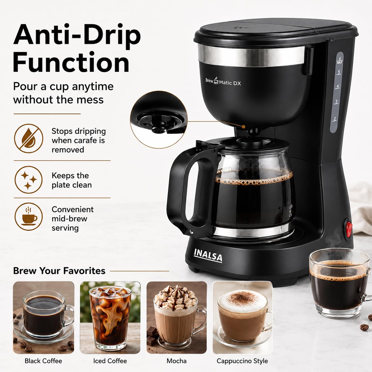INALSA 6 Cups 650-Watt Coffee Maker with Anti Drip & Keep Warm Function|Overheat Protection|See Through 680 ML Carafe|630 ML Water Tank Capacity|Reusable Coffee Filter(Brew Matic DX) 1