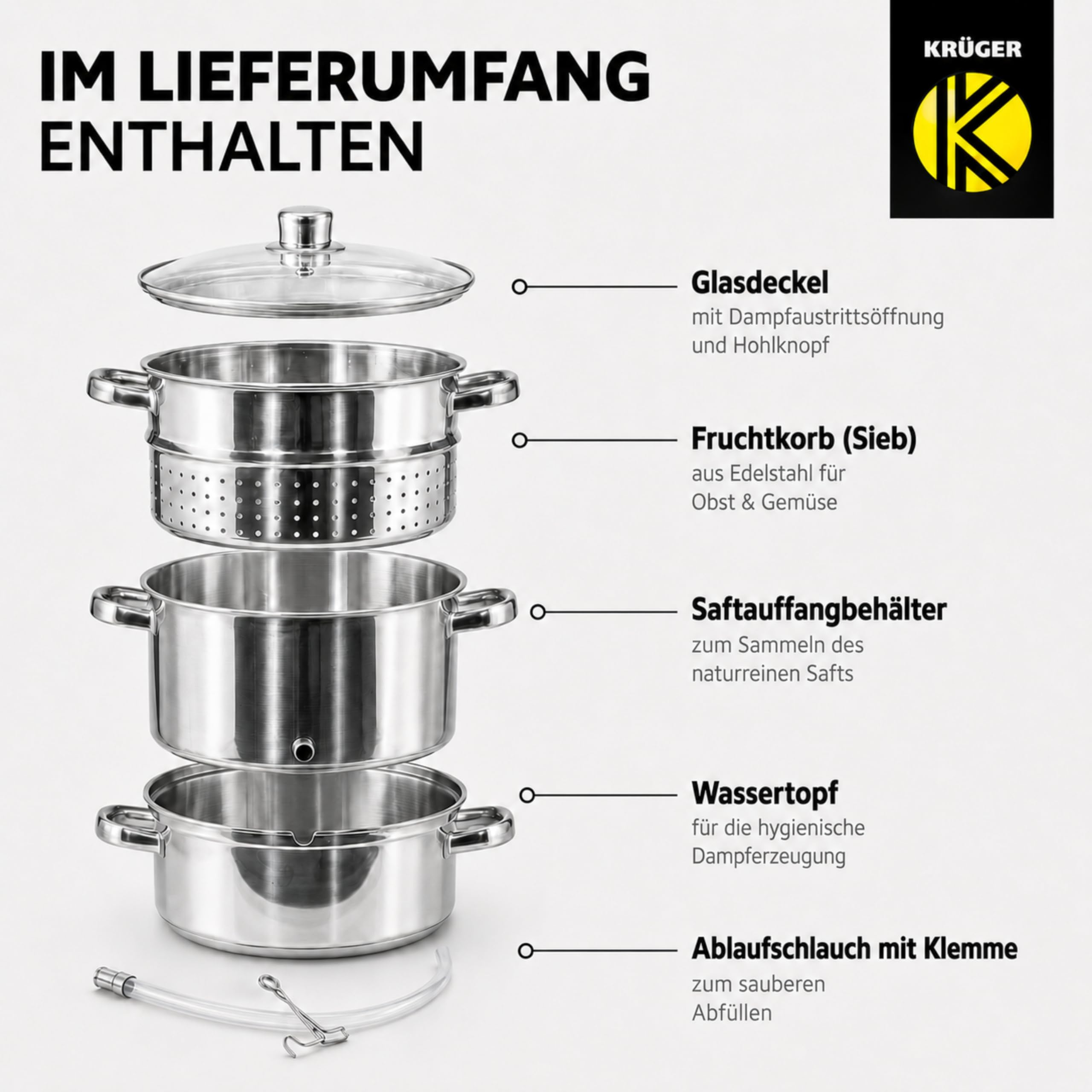 Krüger Edelstahl Dampfentsafter Mainau mit Glasdeckel Ø 26 cm (8 L) | PFAS-frei & unbeschichtet | Mit Glasdeckel, Ablaufschlauch & Kapselboden | Induktionsgeeignet | Für Saft, Gelee & Sirup