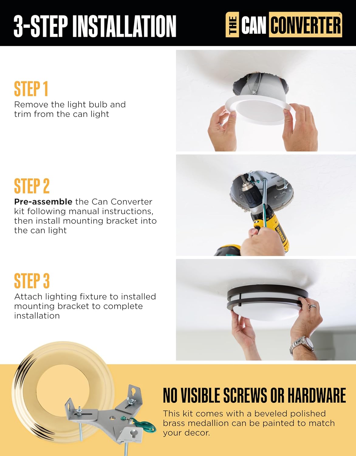 The Can Converter R56 Recessed Can Light Conversion Kit w/ 7"¾ Beveled Ceiling Medallion - Home Improvement for 5" & 6" Cans, Ceiling Fan & Light Fixture Converter Kit, UL Certified, Polished Brass