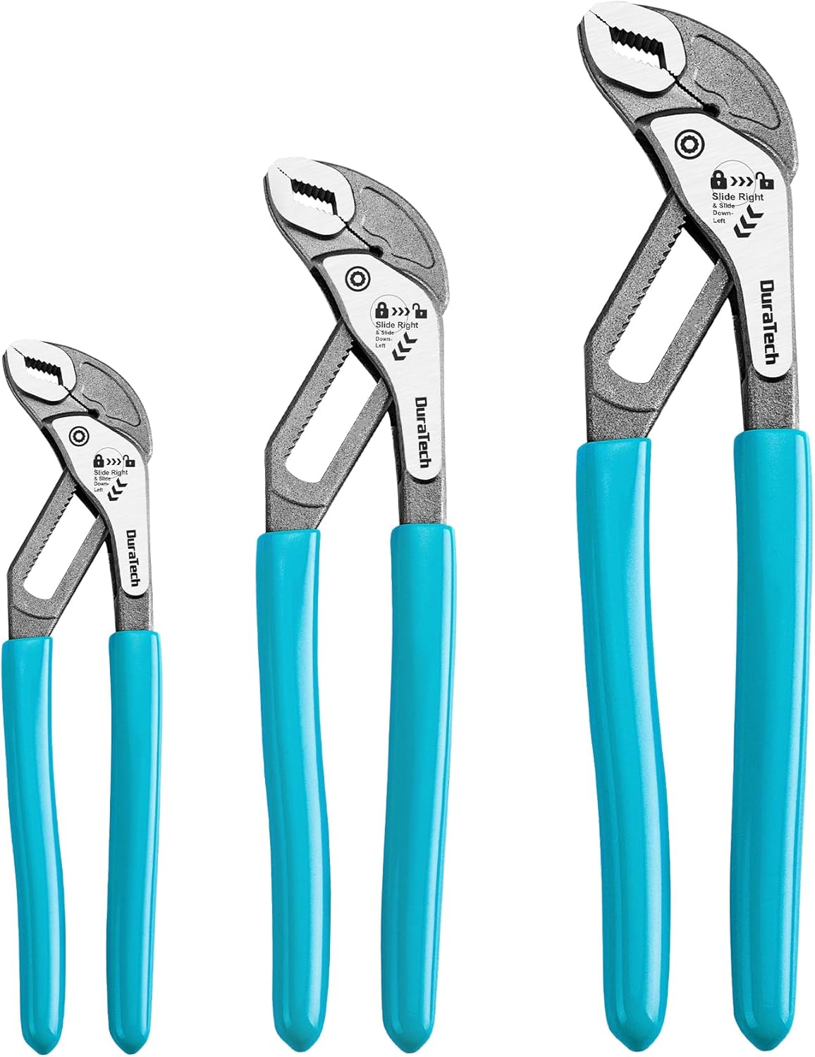 DURATECH 3-Piece Water Pump Pliers Set(8", 10", 12"), Quick-Adjust Groove Joint Pliers with Slide-to-Unlock Mechanism, V-Jaw Design, CR-V Steel, for Plumbing, Automotive, and Household Repairs