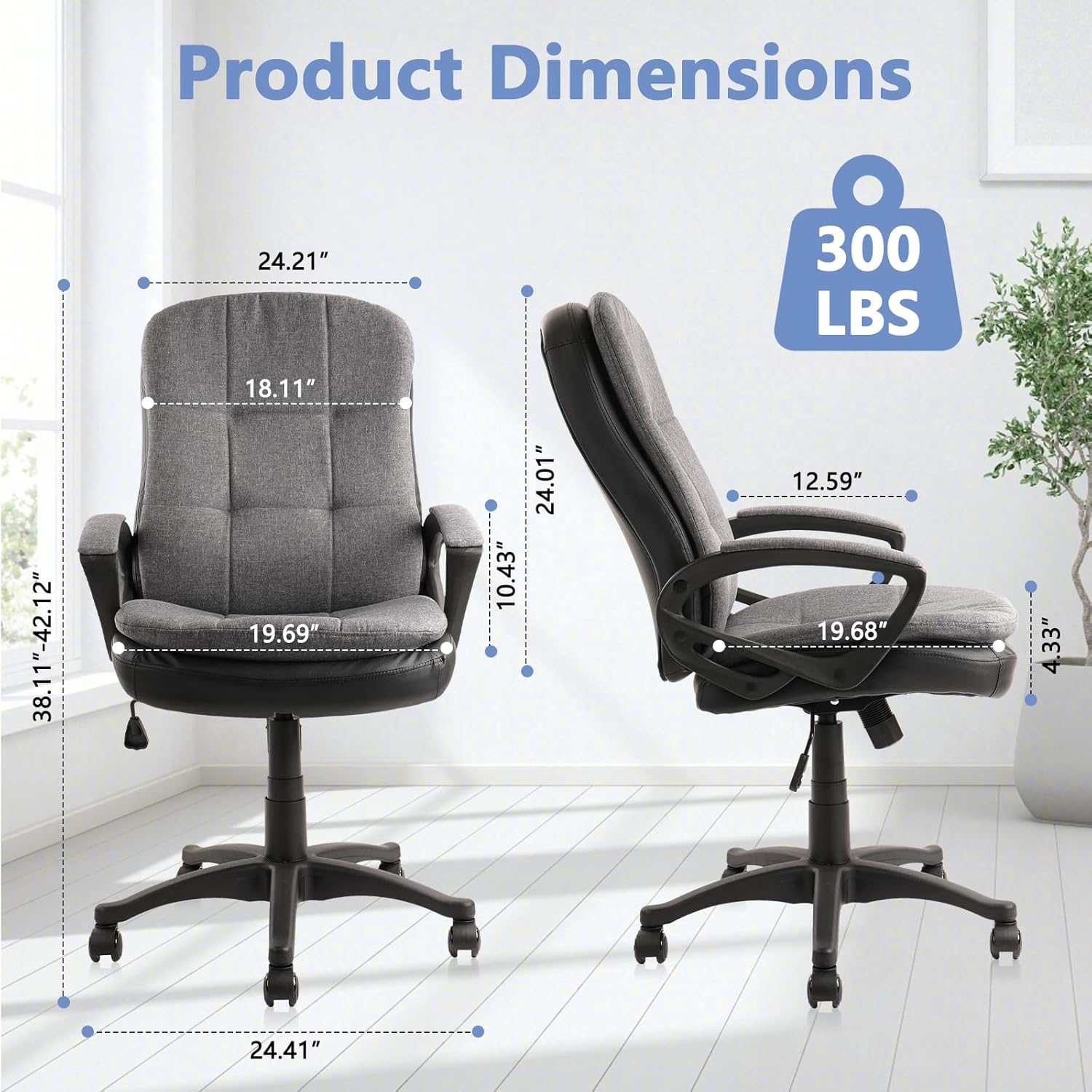 CLATINA Cloth Fabric Office Chair, 360° Swivel Rolling Desk Chair with Soft Upholstered Support Backrest, Adjustable Height Mid Back Ergonomic Computer Task Chairs with Arms and Wheels, Grey, 300LBS - Image 3
