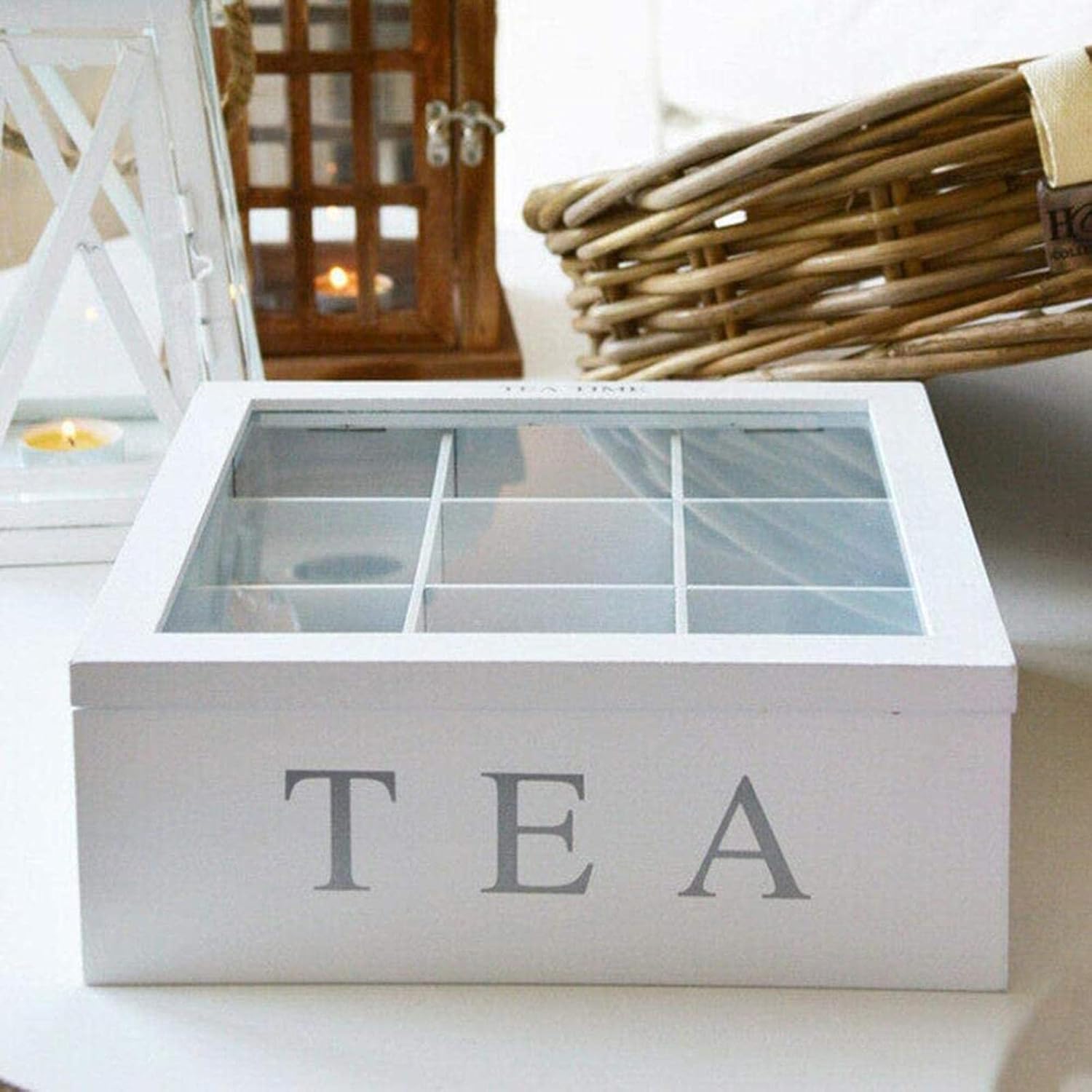 Wooden Tea Storage Box, Wood Tea Organizer, 9-Compartment Tea Holder with Clear Lid for s, Sugar, Coffee, Instant Coffee Packets