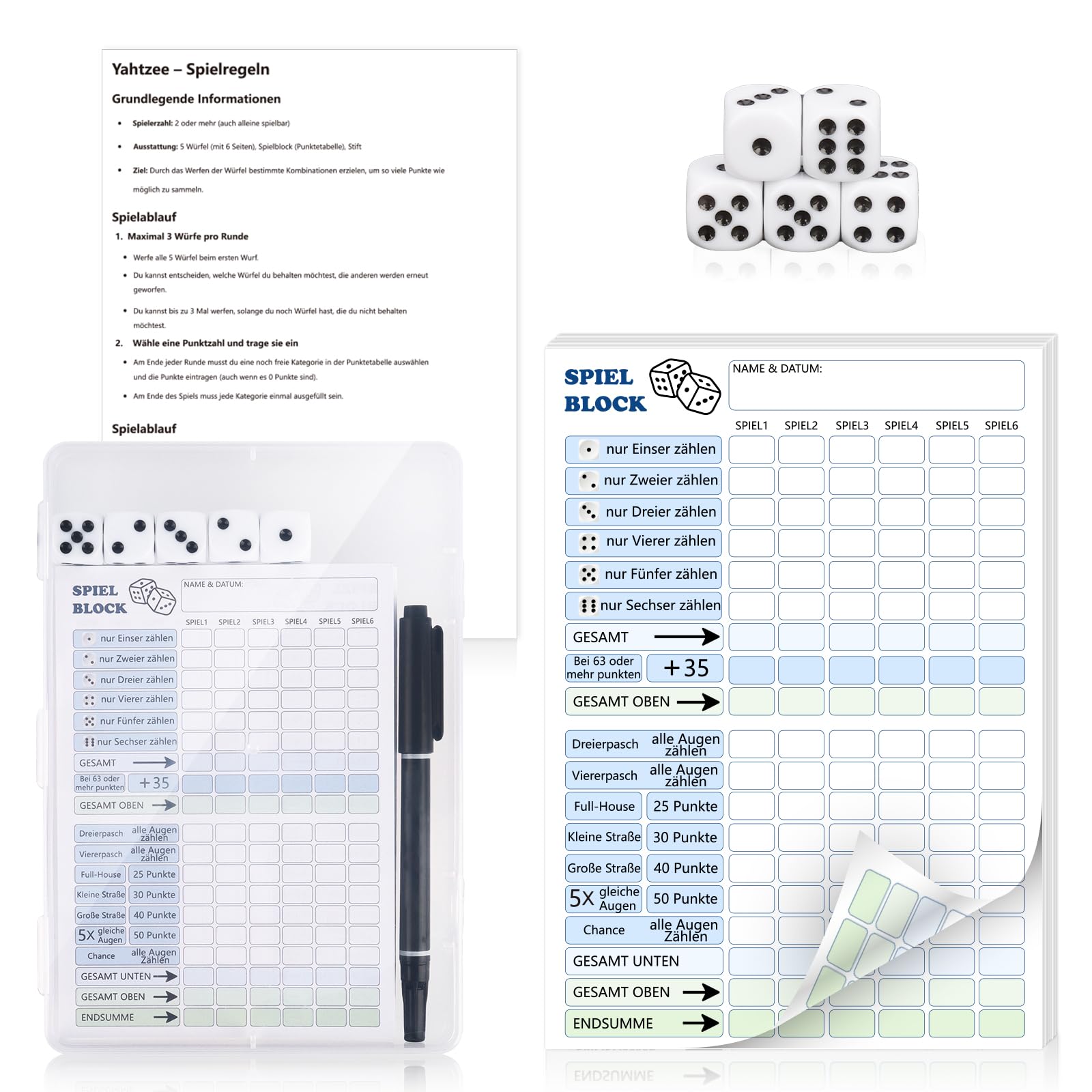 XUWAIDSGN Set of 16 Poker Dice Set, Dice Game, Shocks, Dice Game, Kniffel Block, Leather Dice Cup with 5 Dice, 5 Poker Dice, 2 Point Table, Felt (Travel Version)