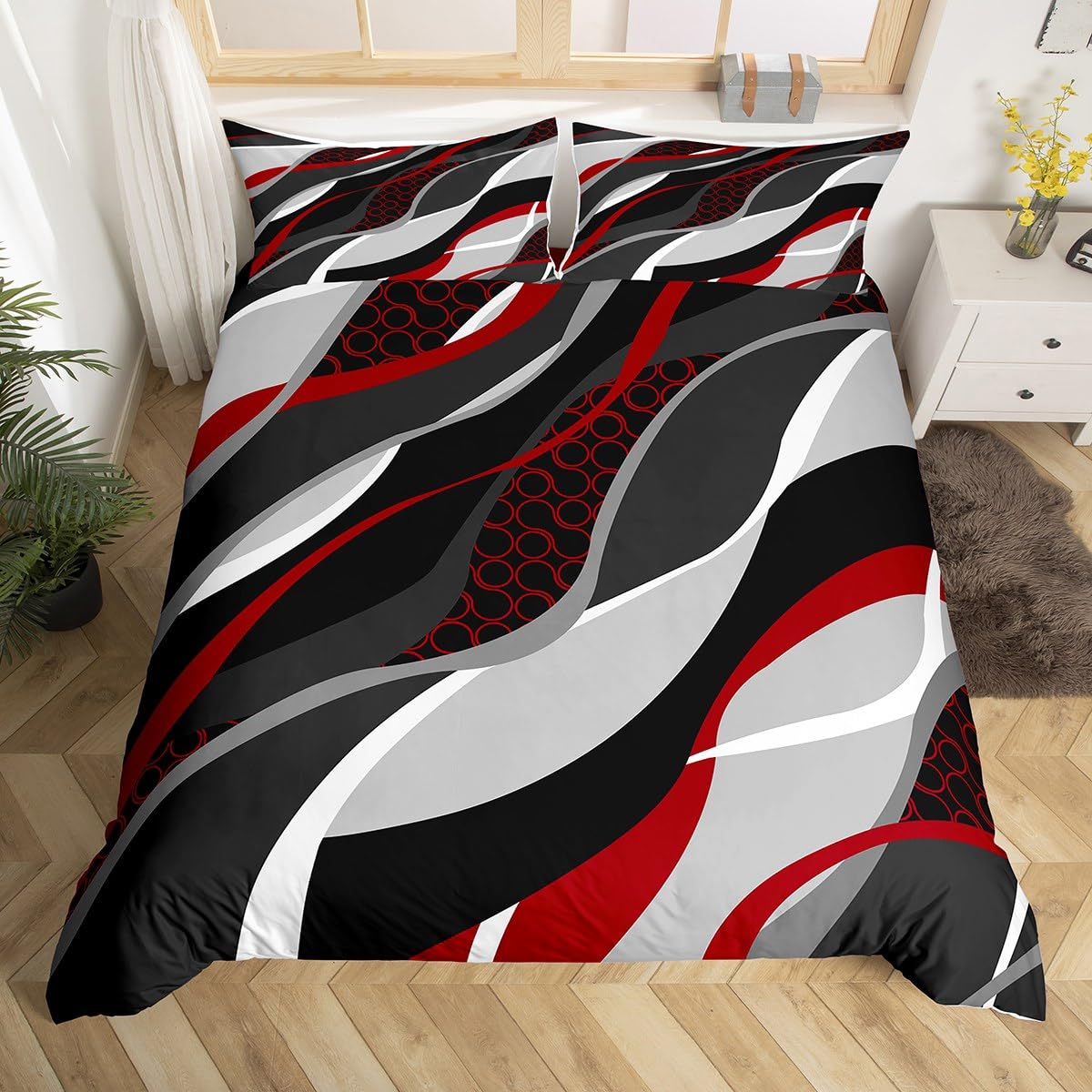 Red Grey Duvet Cover Set Double Size, Abstract Wavy Stripe Circle Comforter Cover with 2 Pillowcases